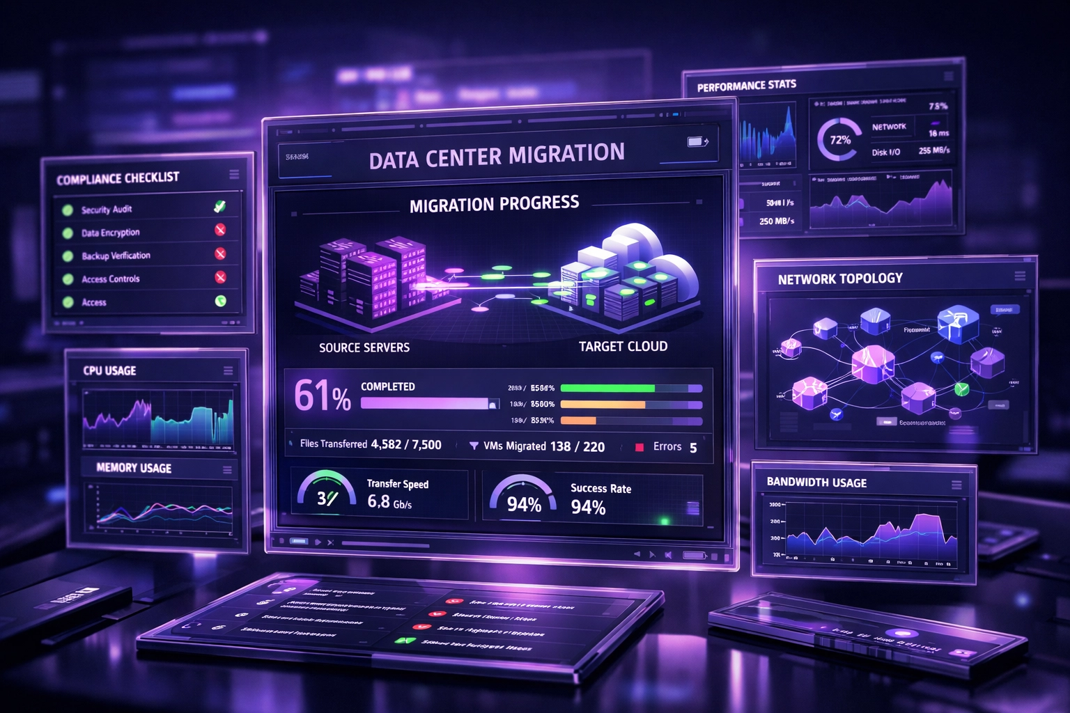 Data center migration dashboard displaying real-time progress and compliance metrics