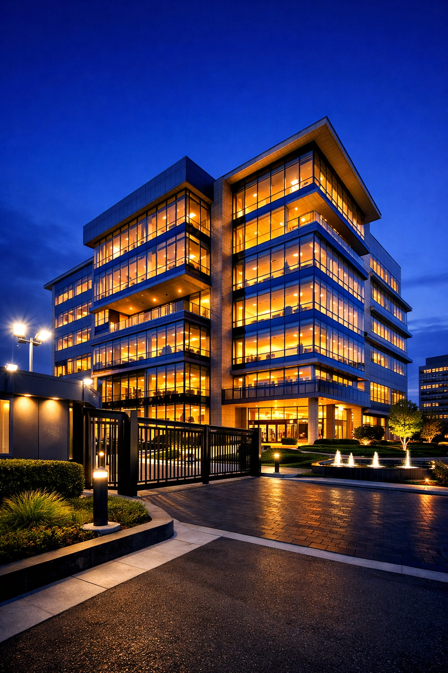 Secure corporate headquarters illustrating the high ROI of integrated facilities management and smart security.