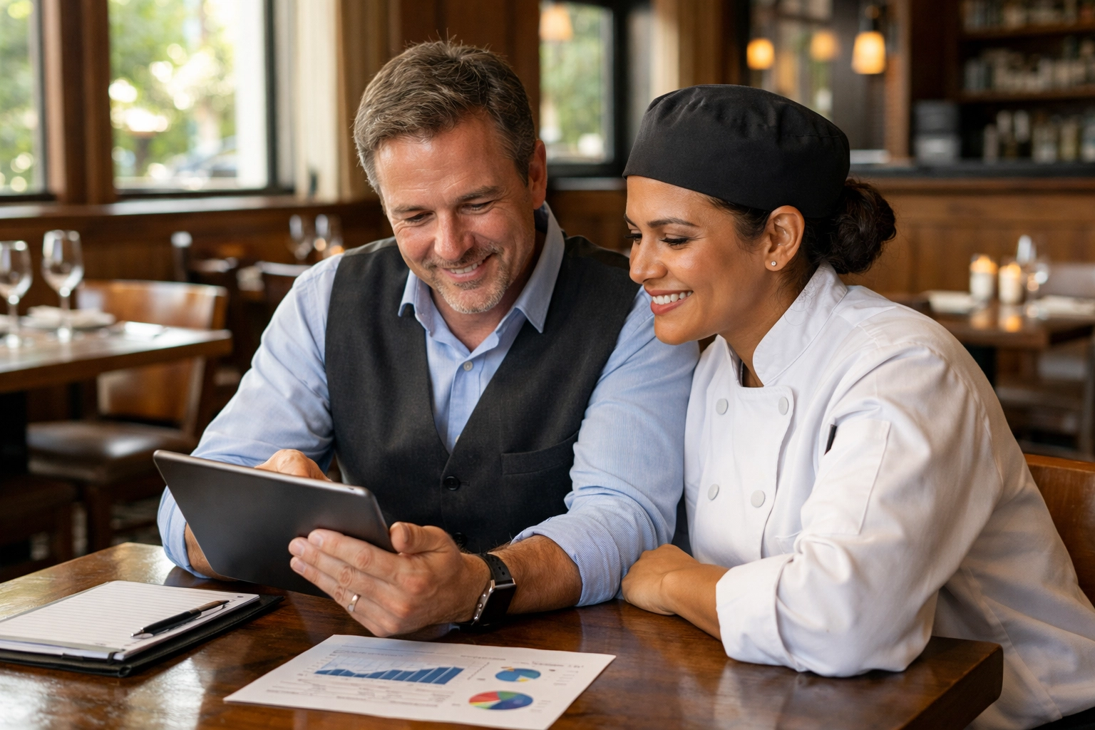 Restaurant managers reviewing operational data on tablet for prime cost tracking