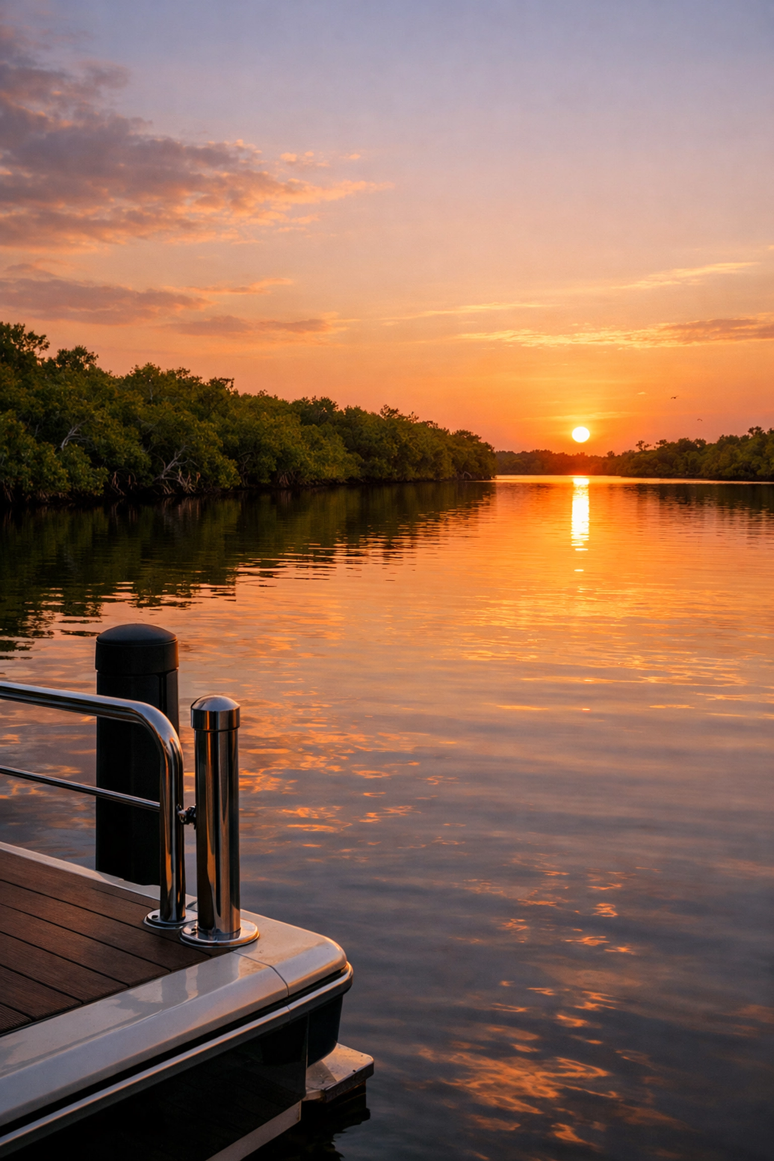 Beautiful sunset view from a private dock at one of the SWFL waterfront homes in Southwest Cape Coral.