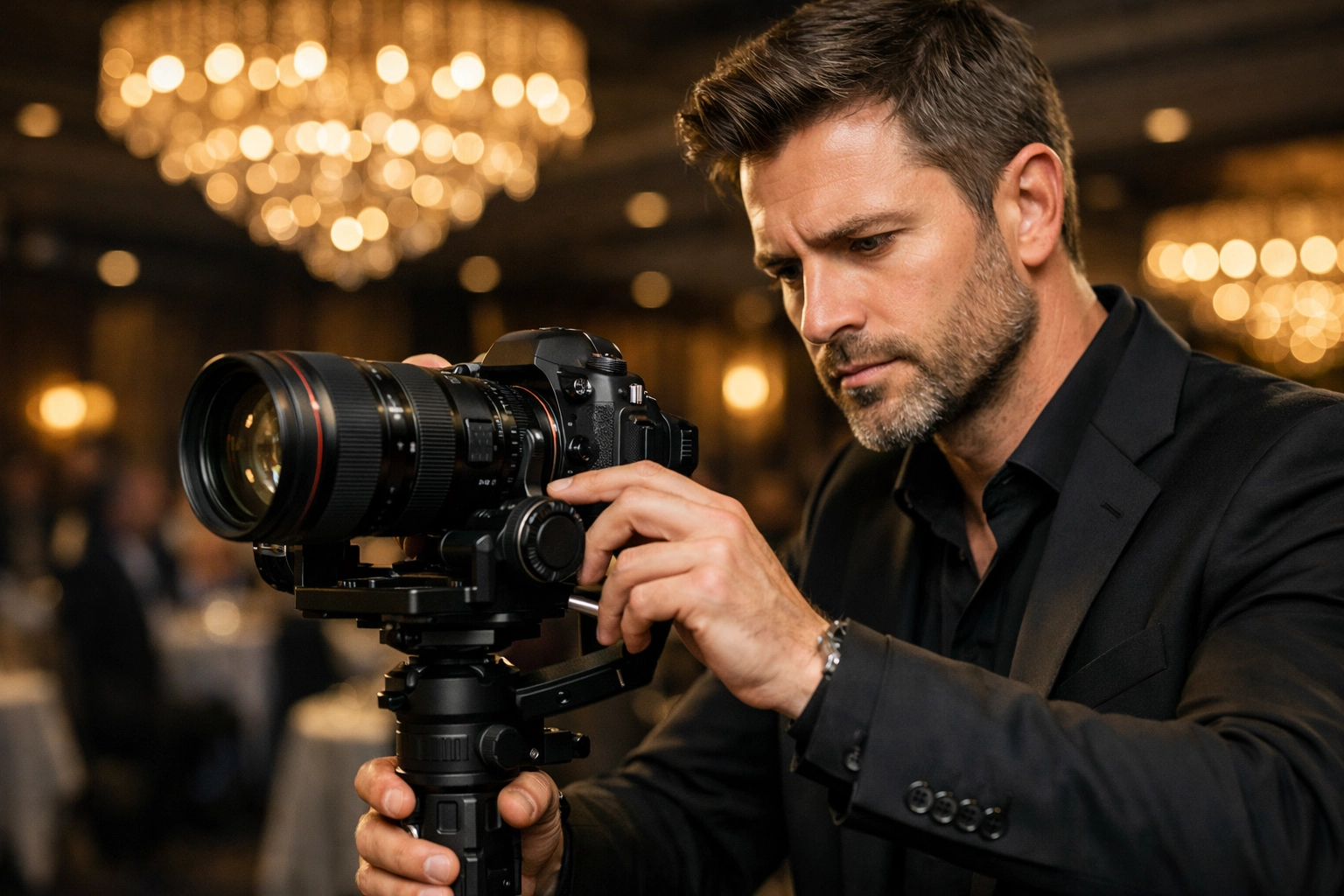 Professional event photographer using high-end camera equipment at a luxury gala.