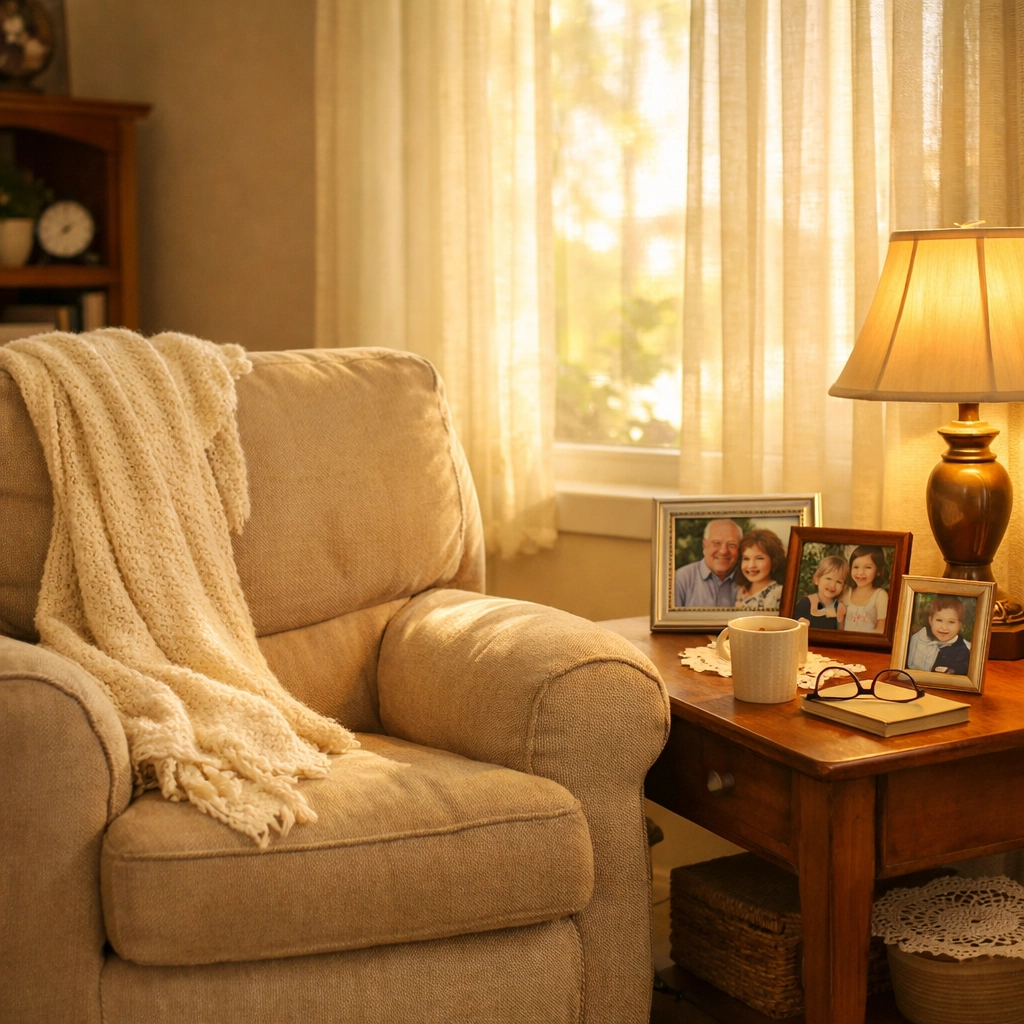 Comfortable living room setup for aging in place with familiar surroundings