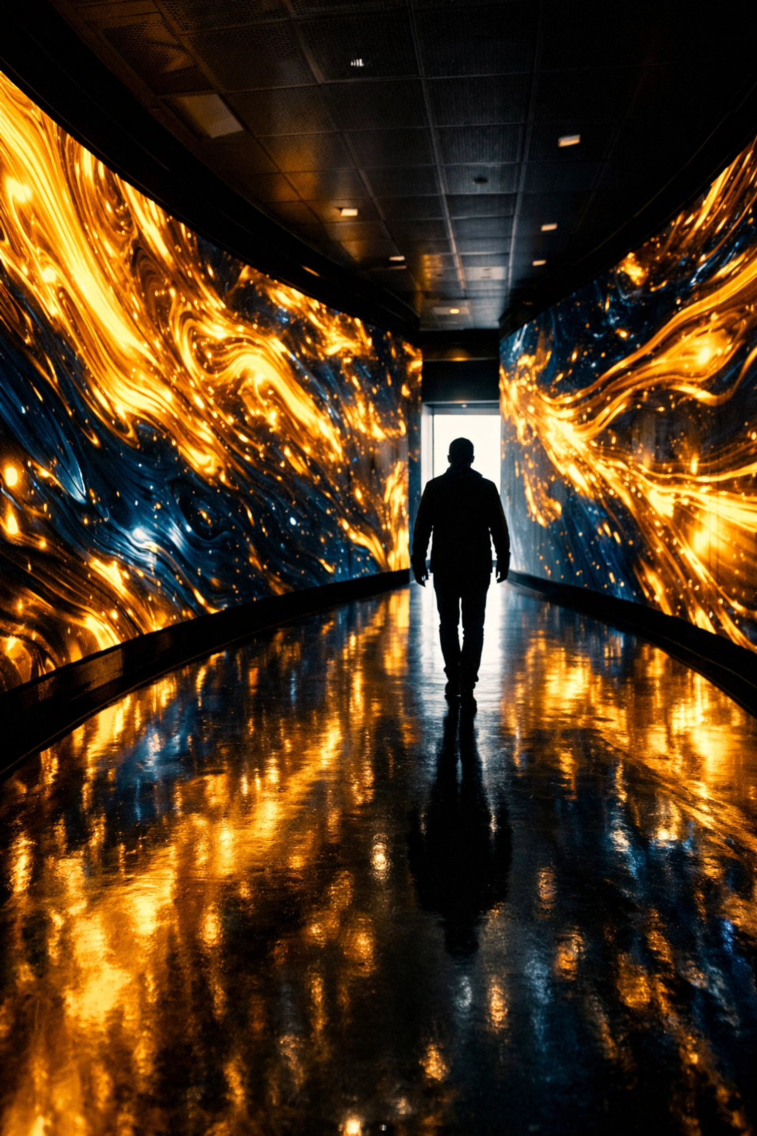 Immersive digital corridor with LED walls in a sports arena creating a premium guest brand experience.