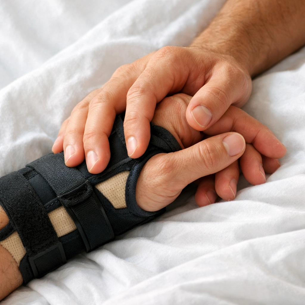 Gay couple holding hands with wrist brace - hurt comfort romance healing connection