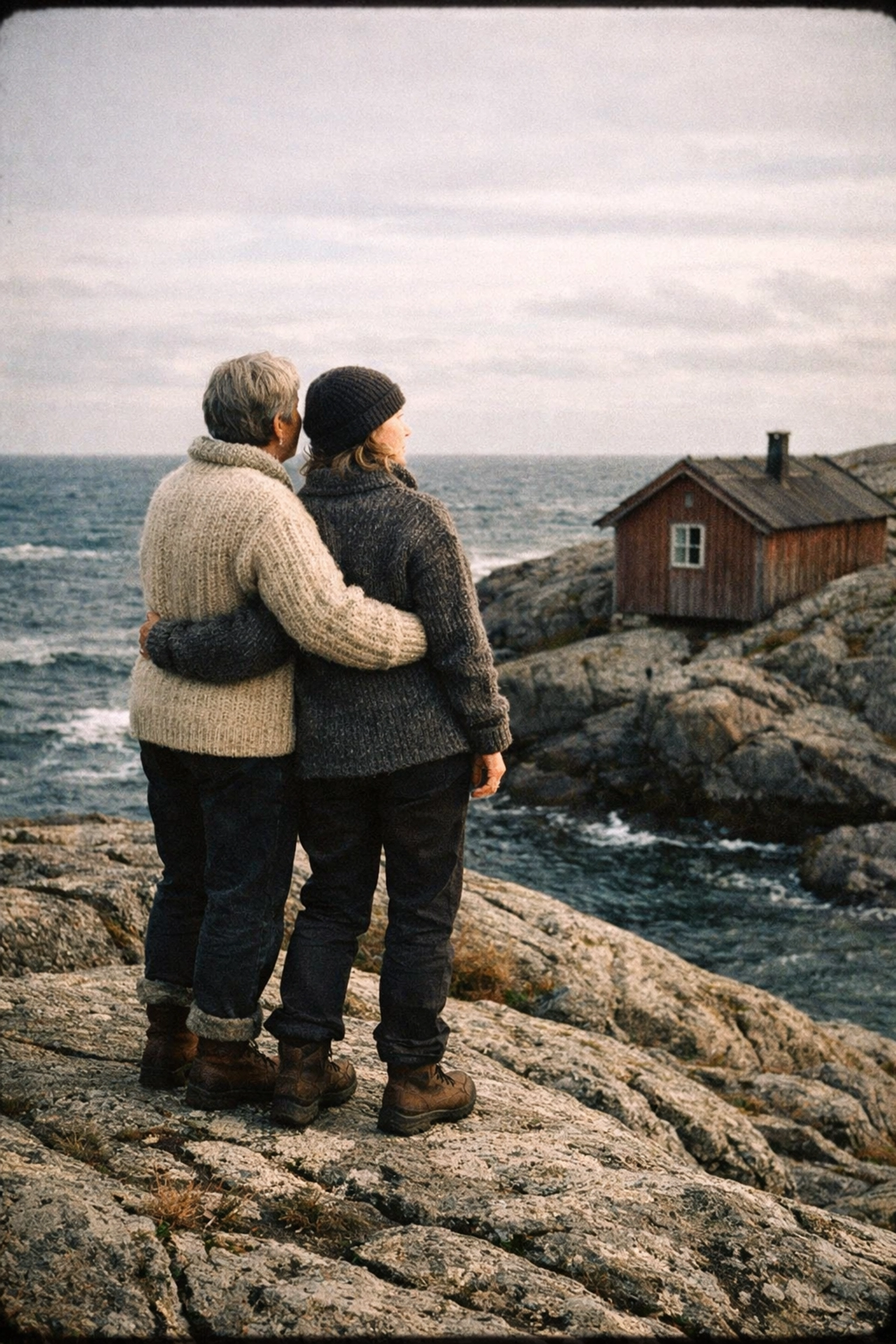 A lesbian couple stands on a rocky Scandinavian island, mirroring Tove Jansson’s life with Tuulikki Pietilä.