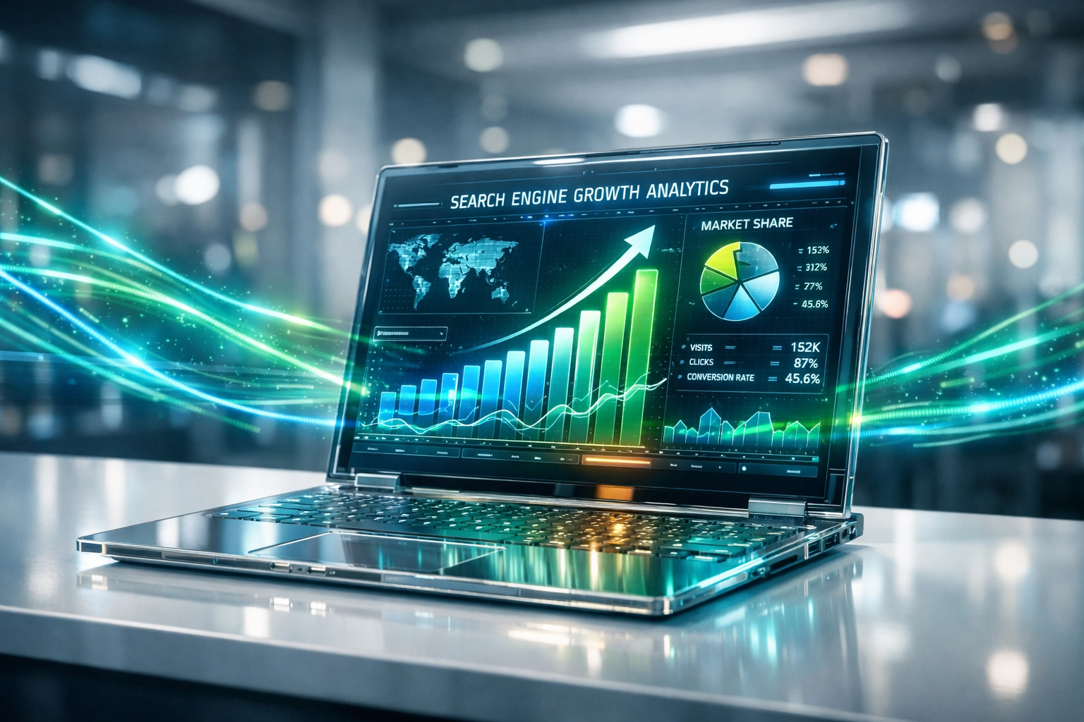 Futuristic laptop showing AI-integrated SEO analytics and digital marketing growth metrics on a glowing dashboard.