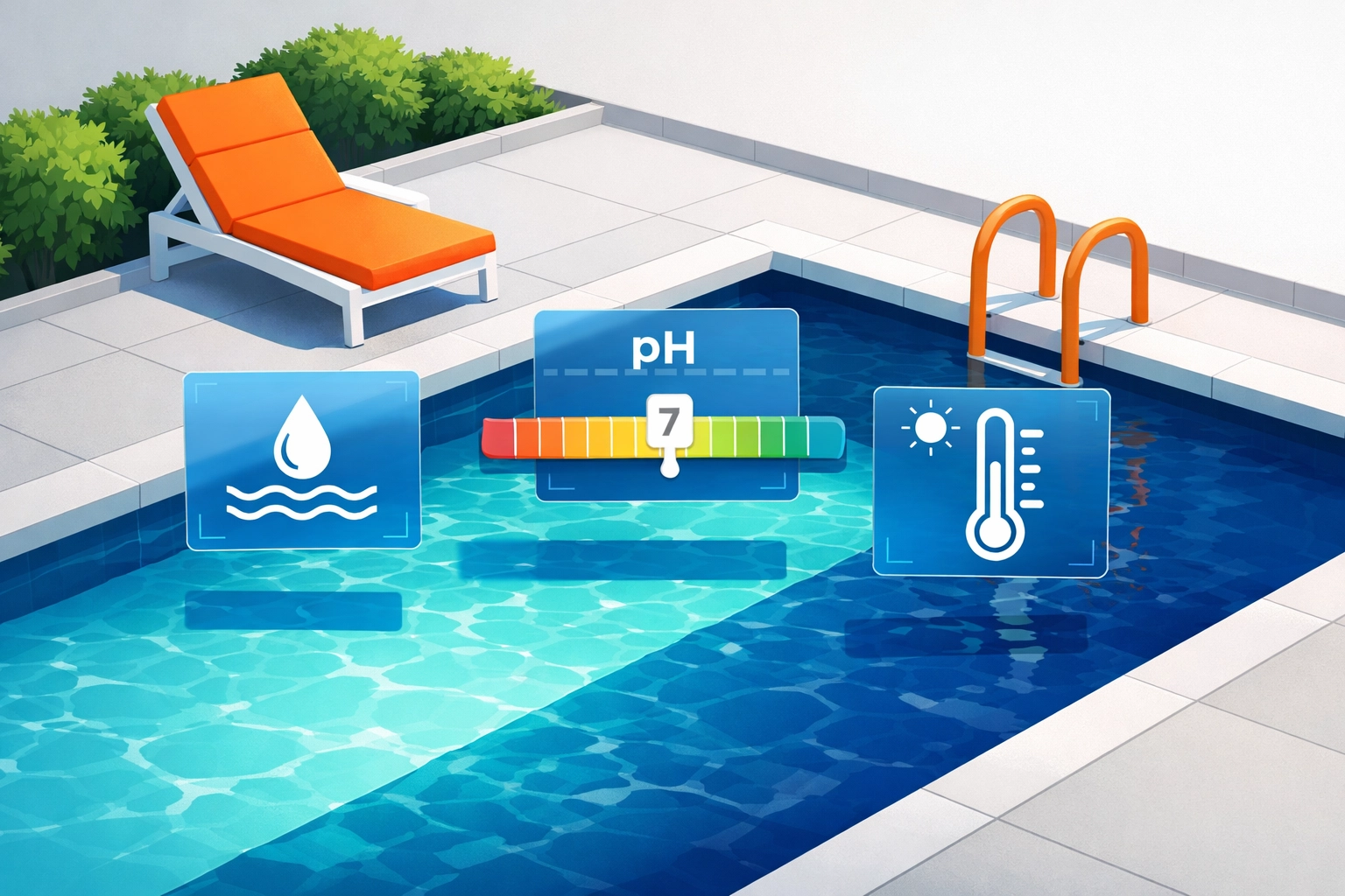 Maintaining pool chemistry with icons for pH and temperature for a Surrey swimming pool.