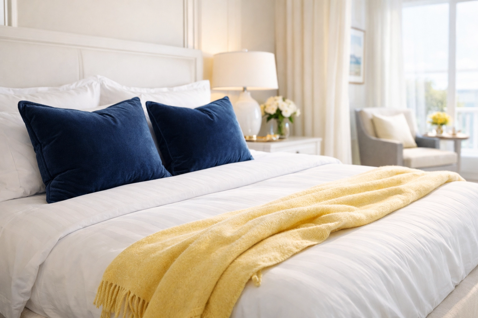 A dust-free luxury master bedroom in Hamilton MA with crisp white linens and perfectly arranged navy blue pillows.