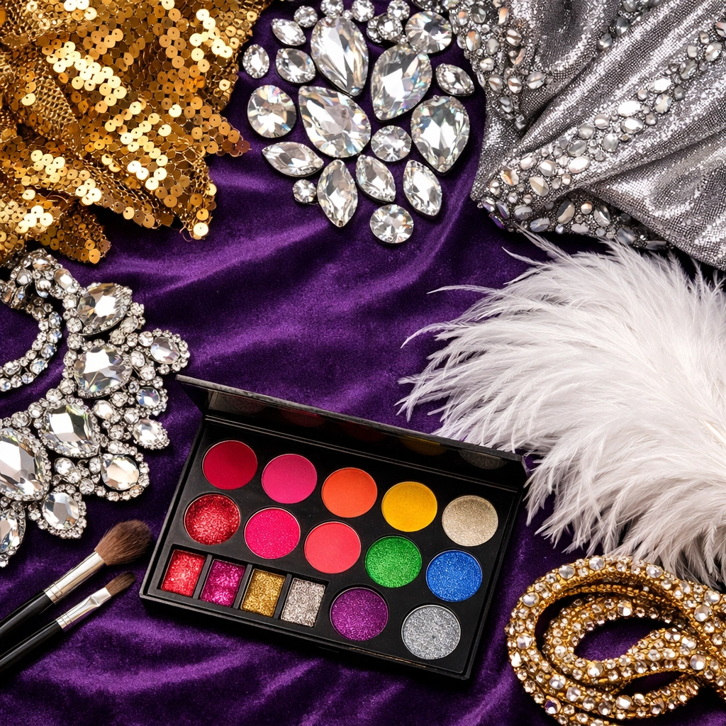 Close-up of extravagant drag costume details showcasing camp aesthetic with sequins and rhinestones