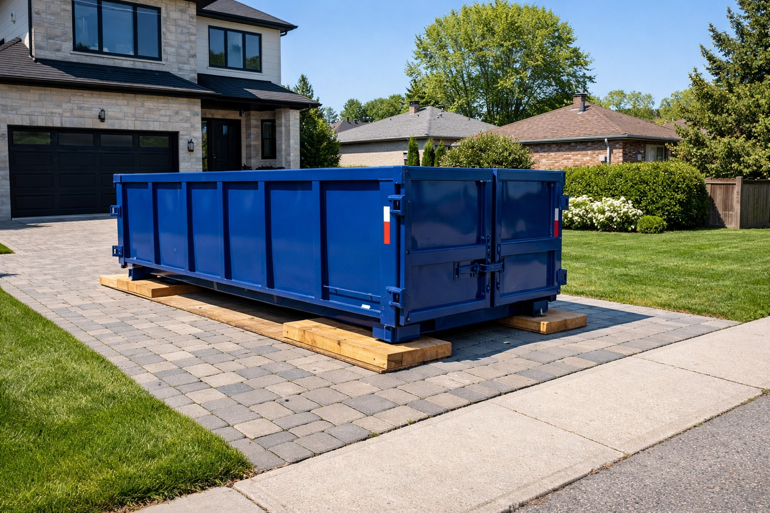 Driveway-safe dumpster rental in North York positioned on protective wood planks at a modern home.