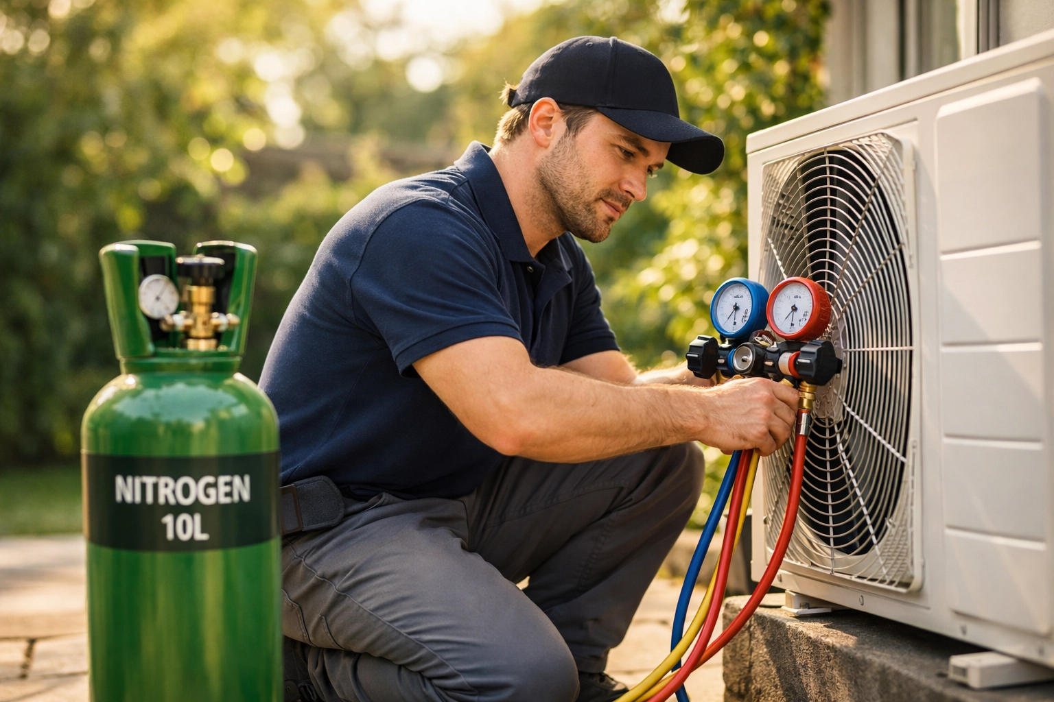 HVAC engineer using a 10L nitrogen cylinder to service a residential air conditioning unit on a patio.