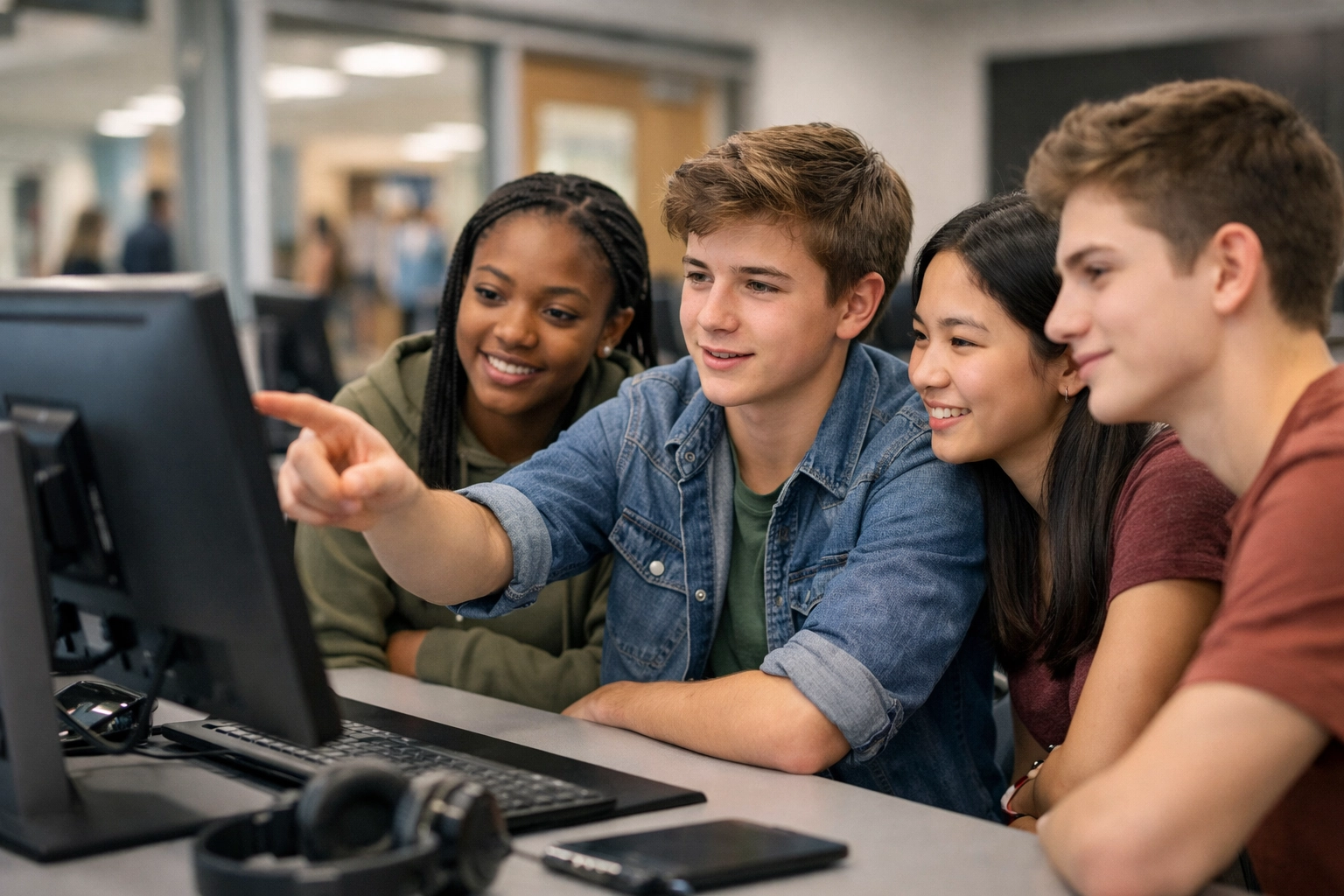 High school students collaborating in a digital media classroom to drive educational growth and brand engagement.