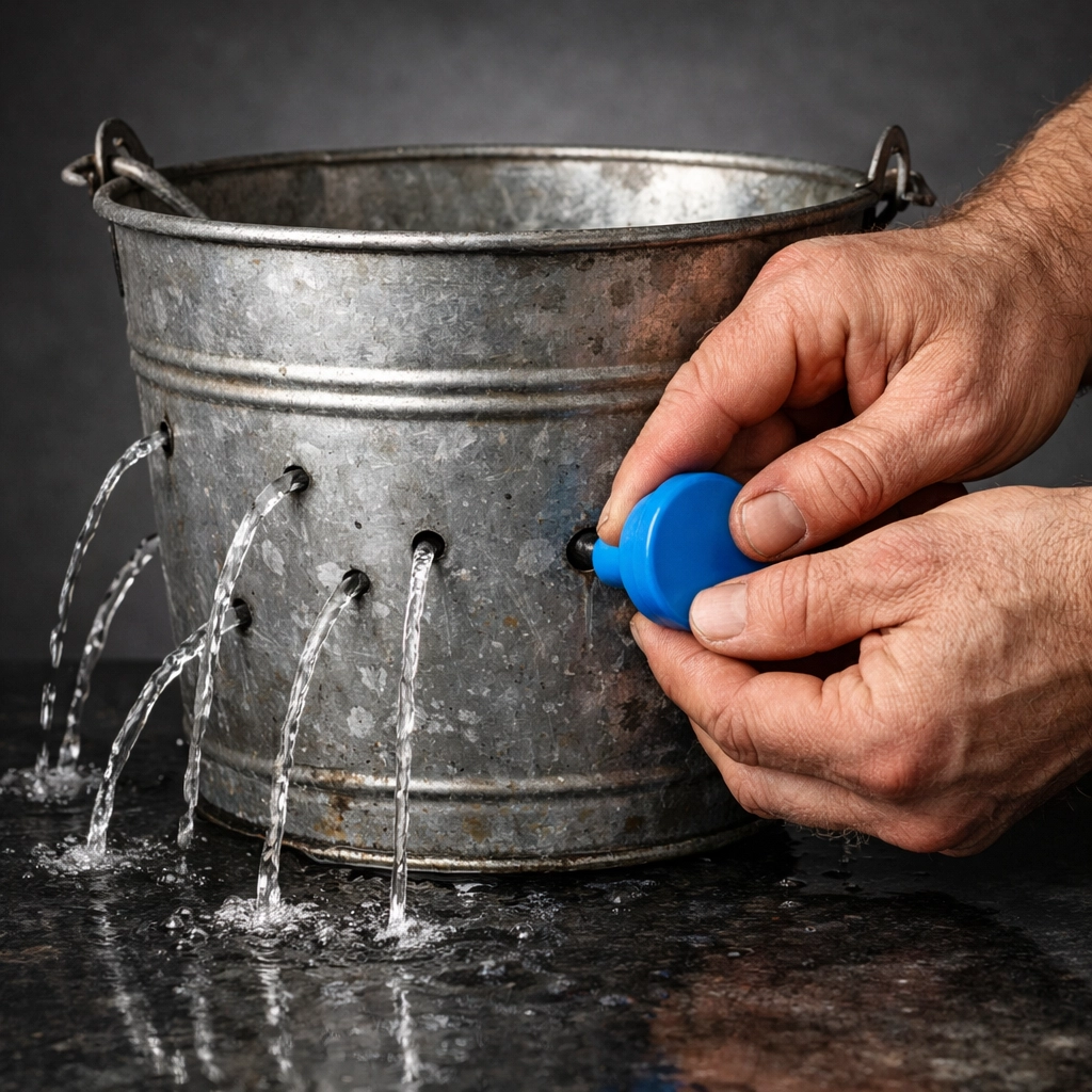 Hands plugging a leaking bucket to stop money leaks and build wealth through family banking strategies.