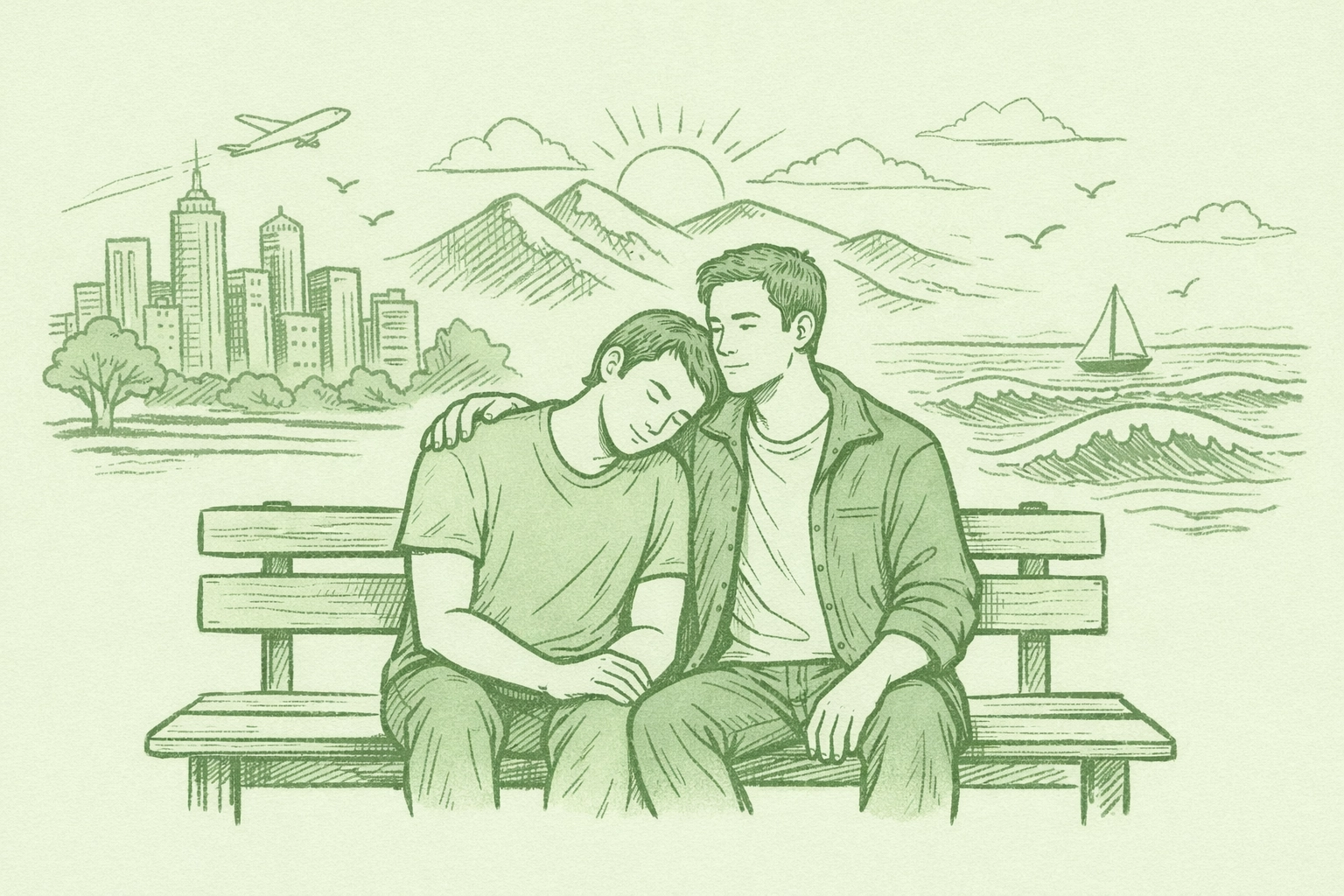 Emotional LGBTQ+ couple supporting each other representing universal resilience themes