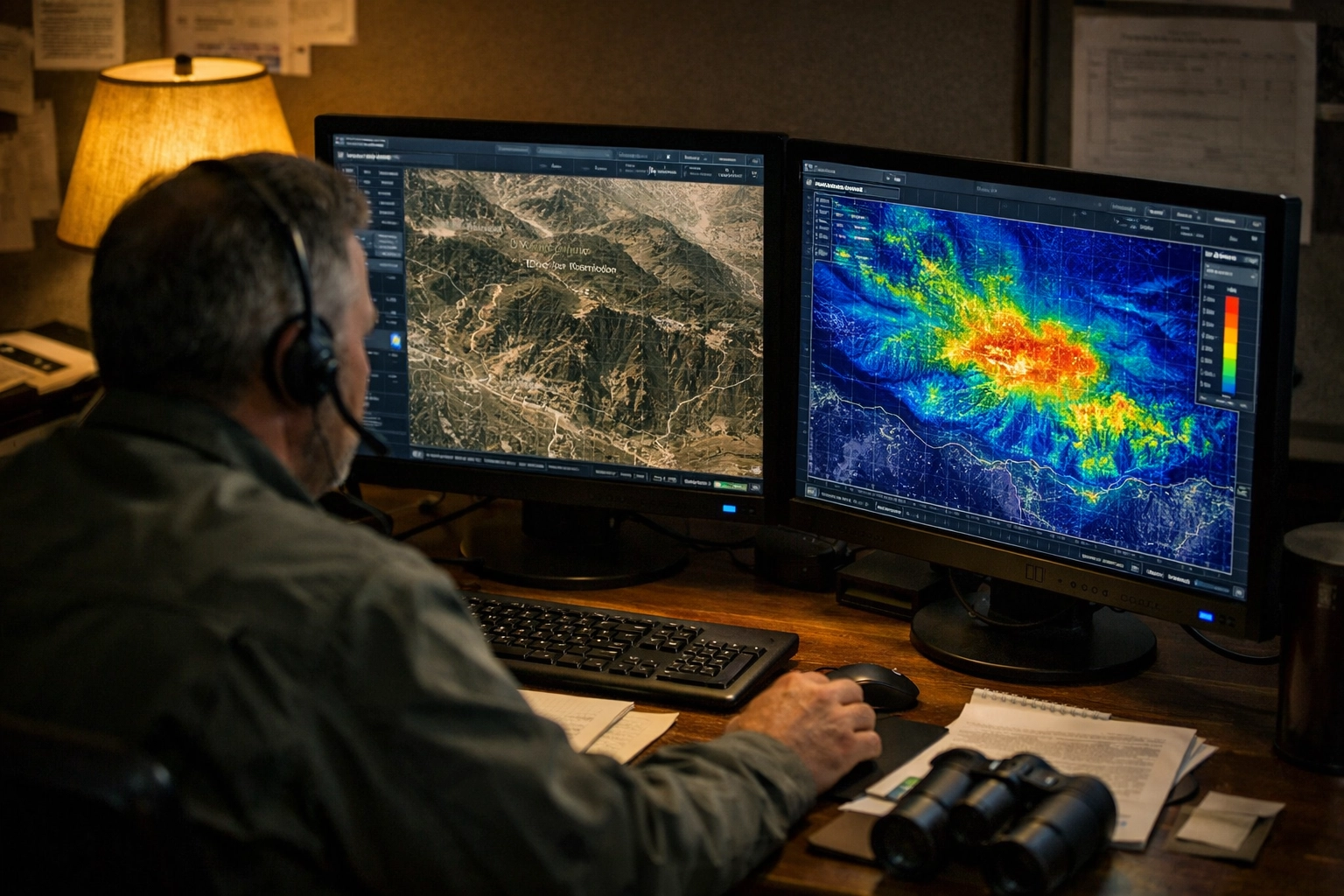 Investigator analyzing aerial drone imagery for missing persons case in California