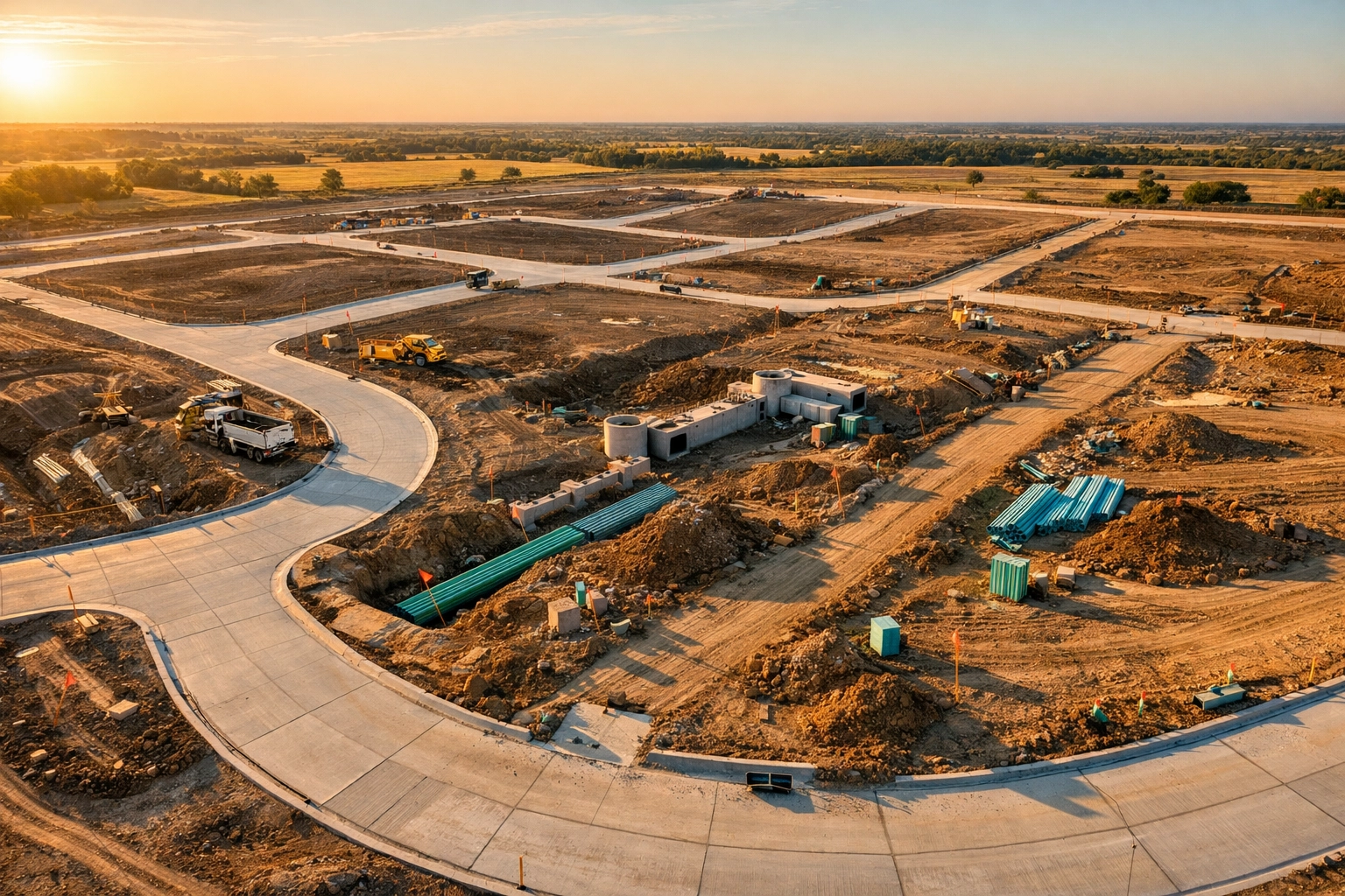 New subdivision infrastructure construction in North Texas showing MUD-funded roads and utilities