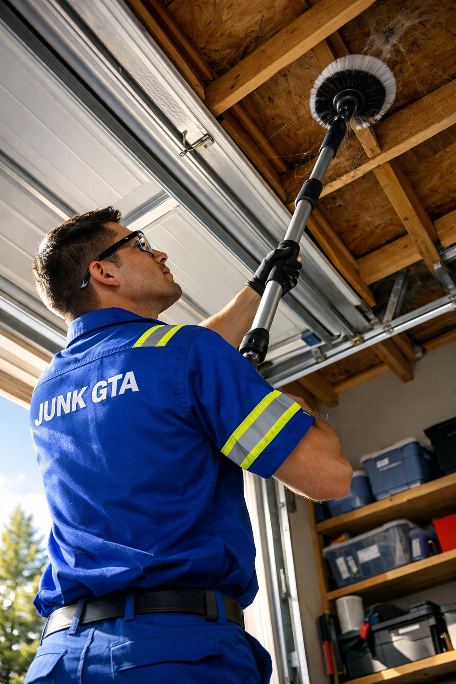 5 Tips for a Stress-Free Innisfil Garage Cleanout Professional crew member cleaning dust and cobwebs from high garage rafters during a cleanout in Innisfil.