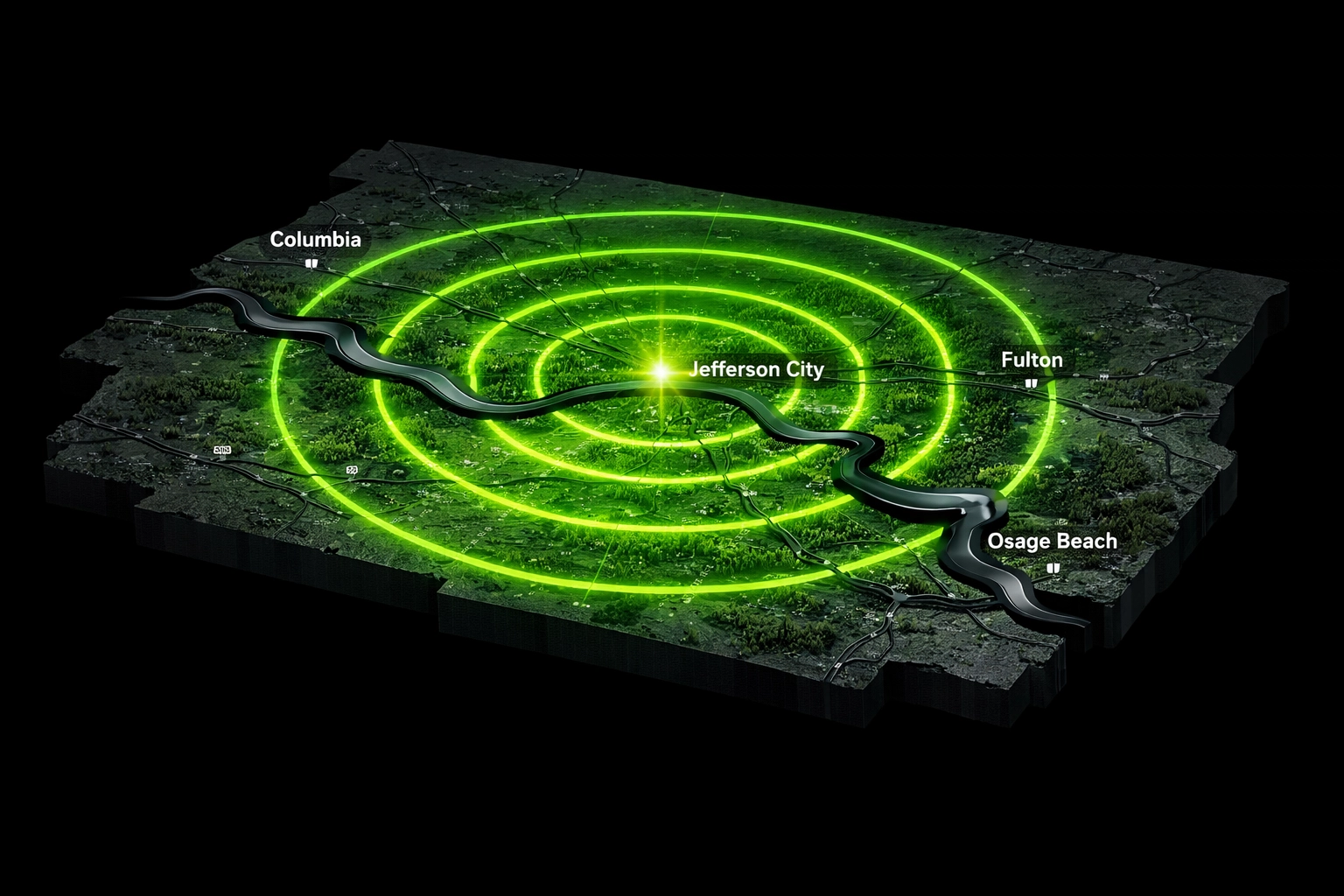 Regional map highlighting the 30-mile service area for Jefferson City flood cleanup and restoration.