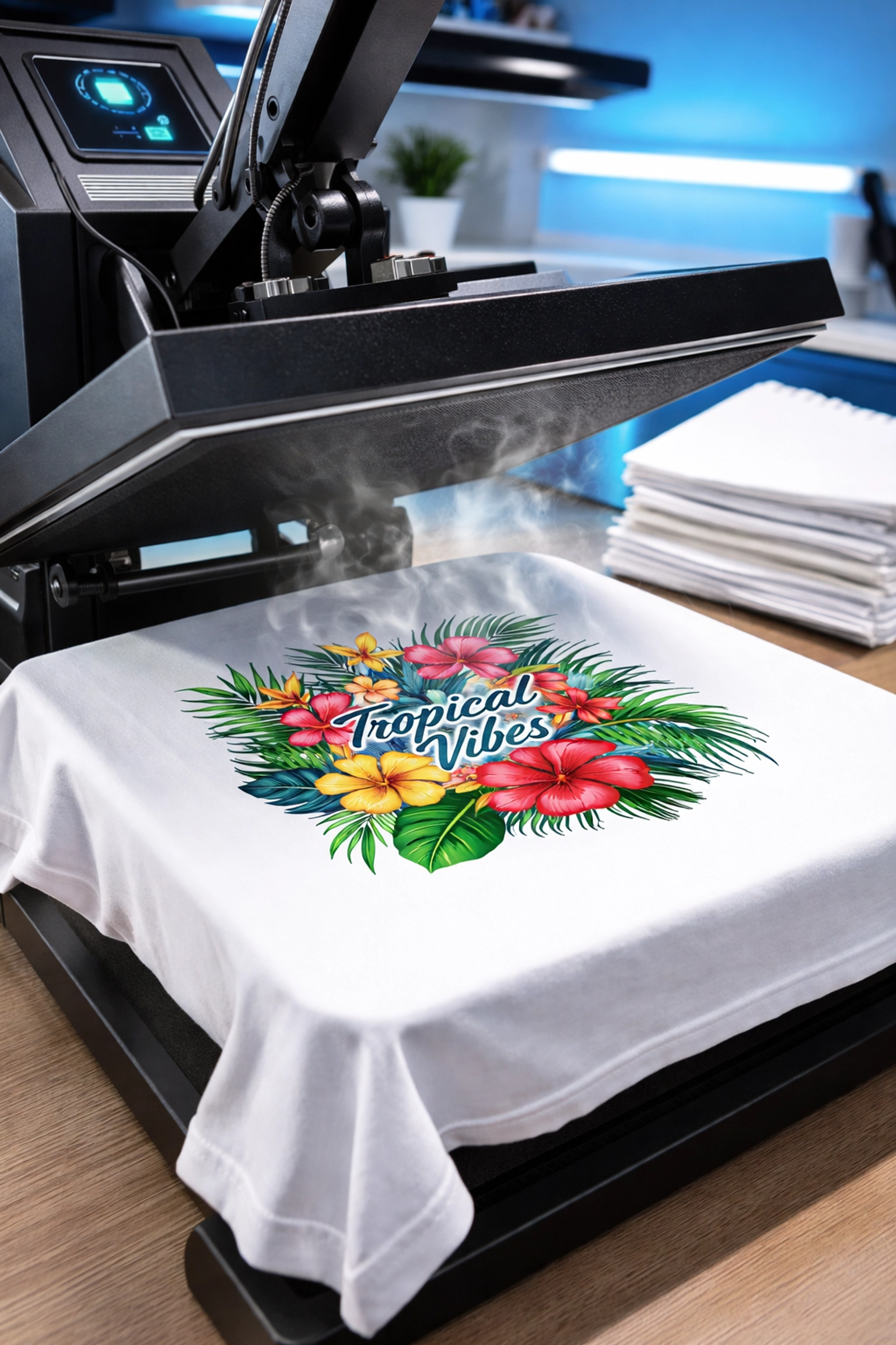 Close-up of DTF printing process at Kona Impact, showing vibrant custom t-shirt production for Big Island businesses.
