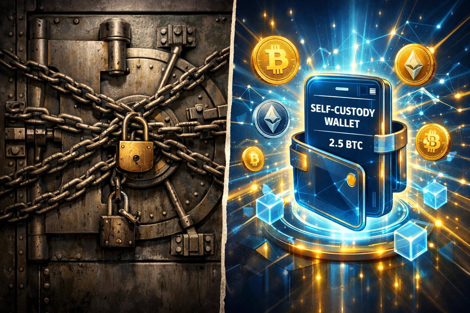 Comparison of traditional locked banking vault versus open self-custody crypto wallet with blockchain connections