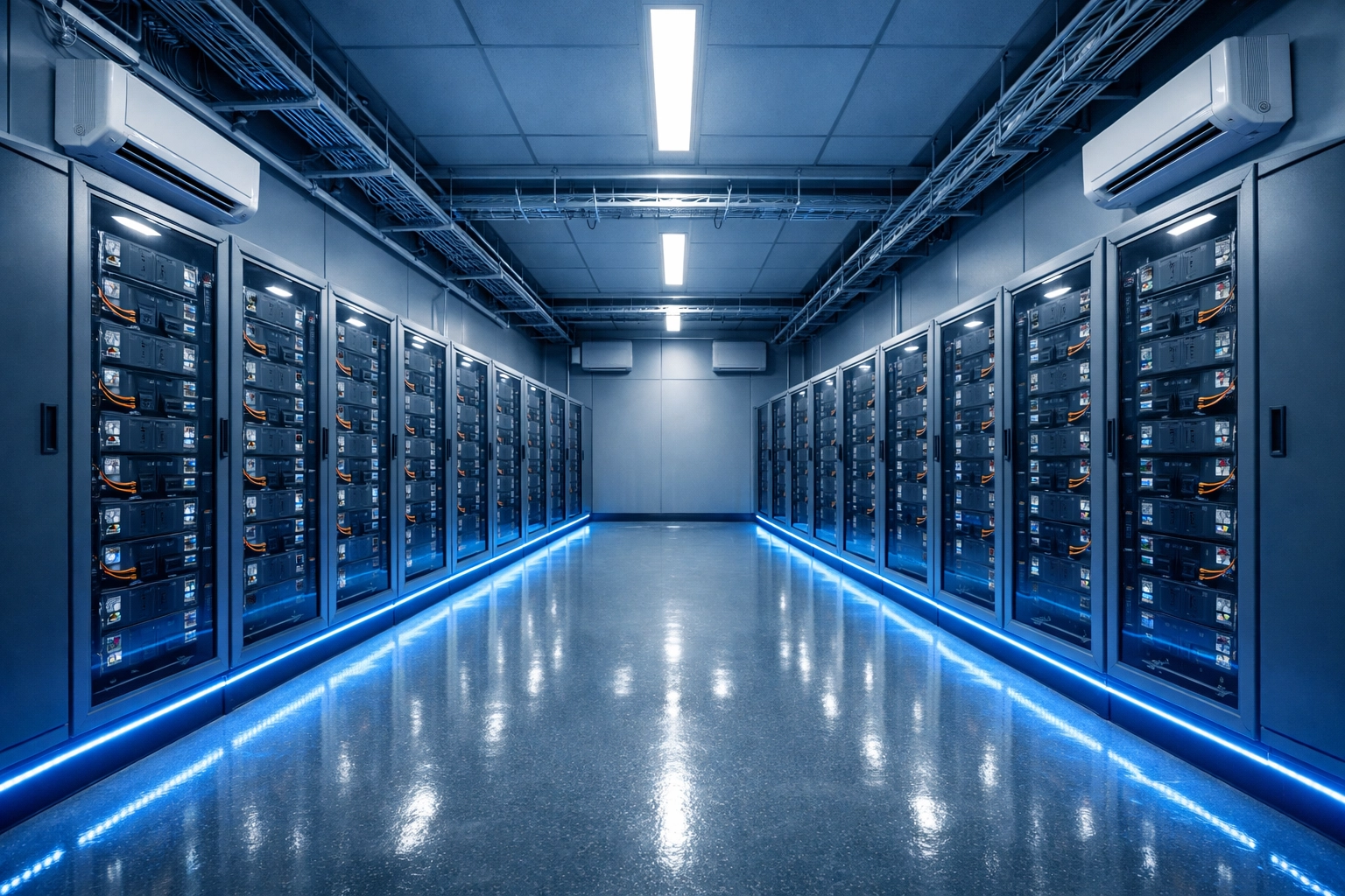 Modern data center battery room with lithium-ion UPS systems and efficient cooling