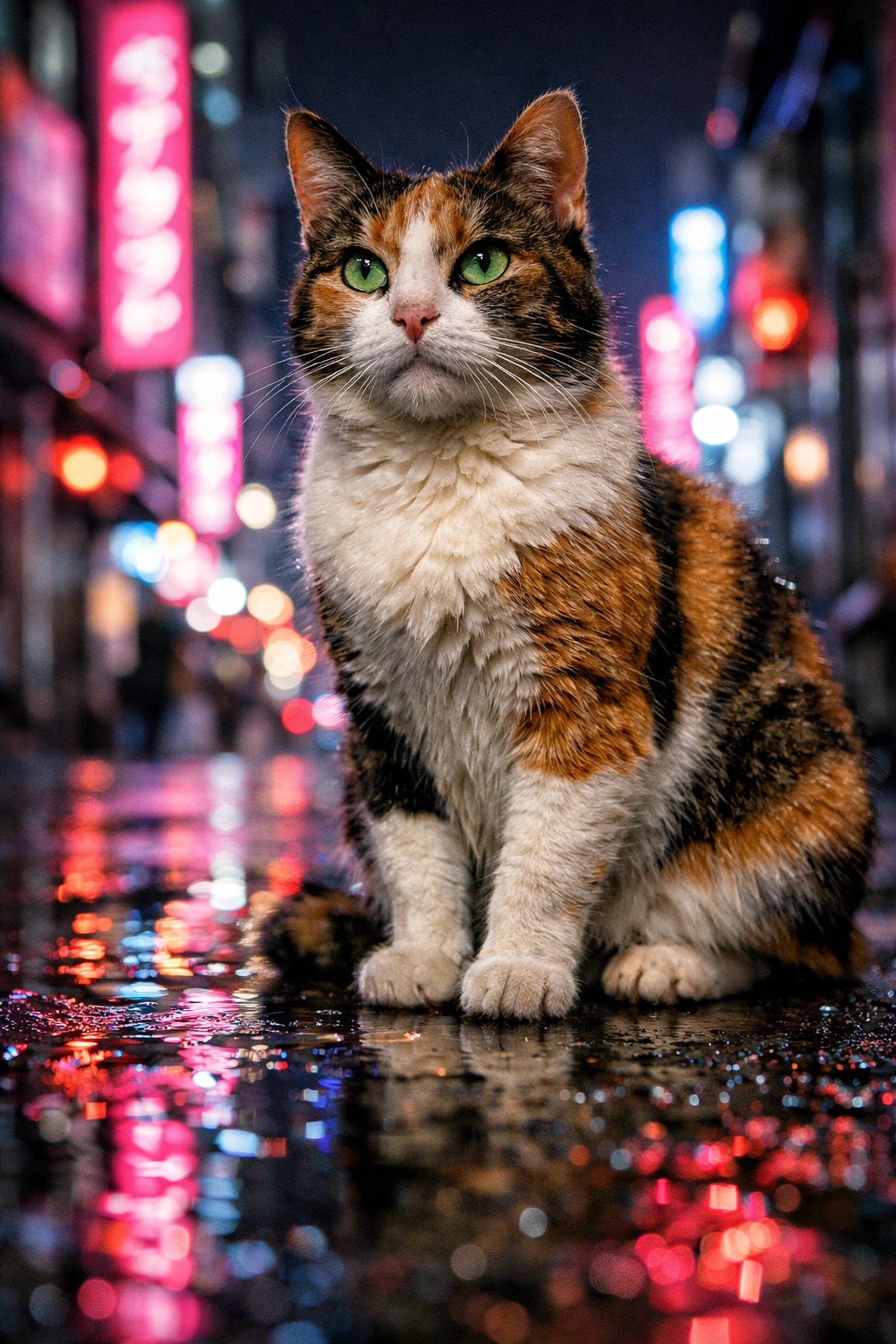 A cat on a wet city street with neon lights, showing creative street photography ideas for capturing urban animals.