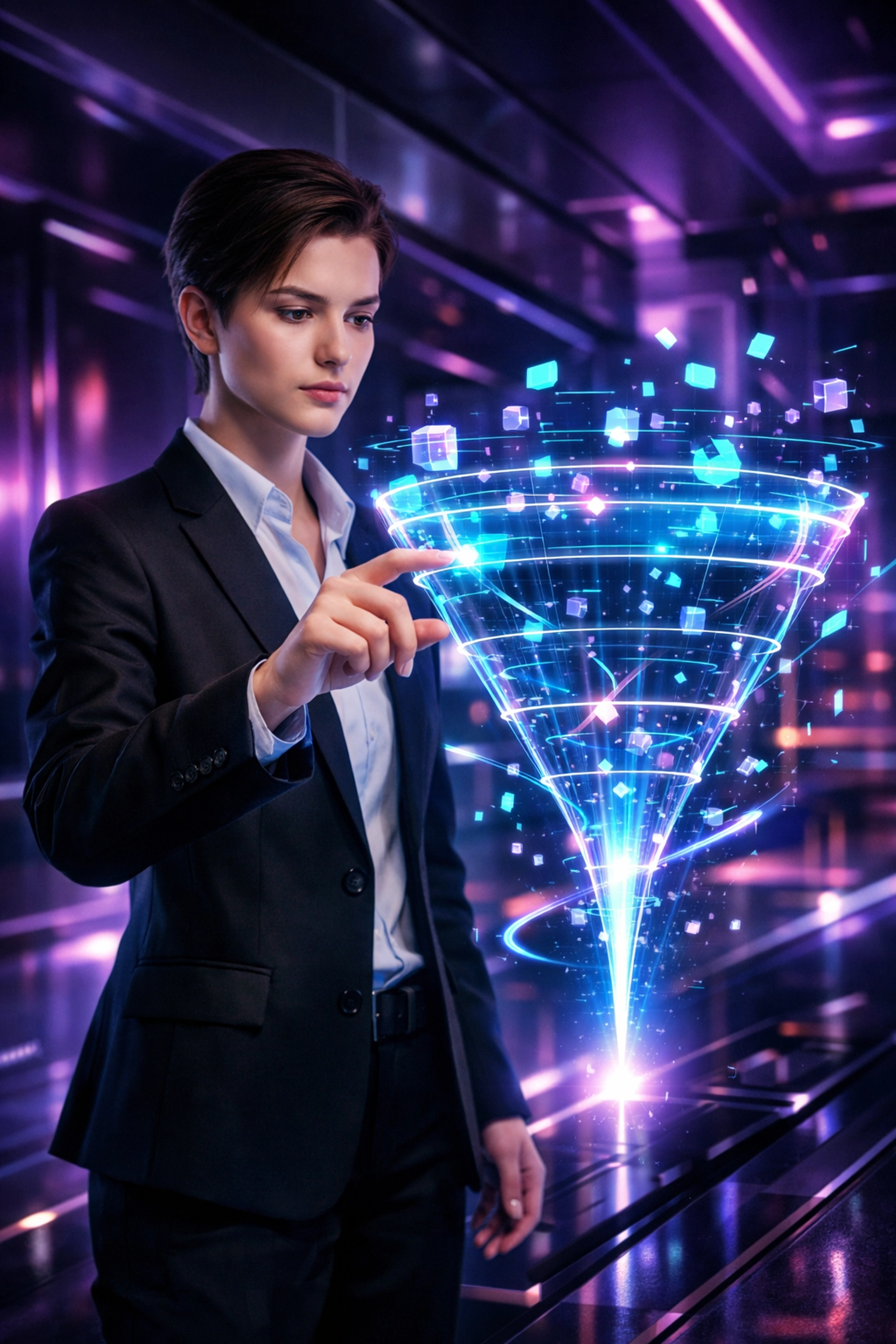 Professional analyzing a futuristic data interface to identify Gen Z talent through the esports talent funnel.