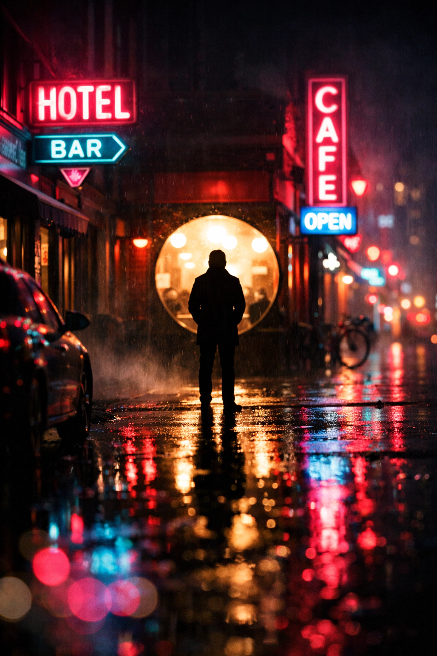 Night street photography ideas featuring a silhouette against a glowing neon cafe window on a rainy street.