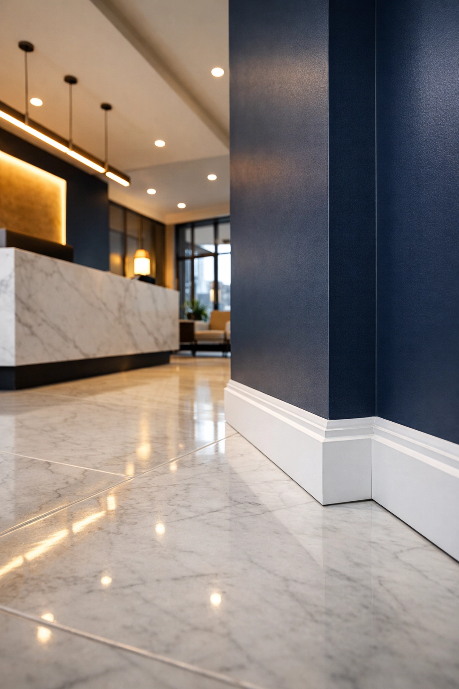 Pristine office lobby in Worcester with dust-free marble floors and professional reception cleaning.