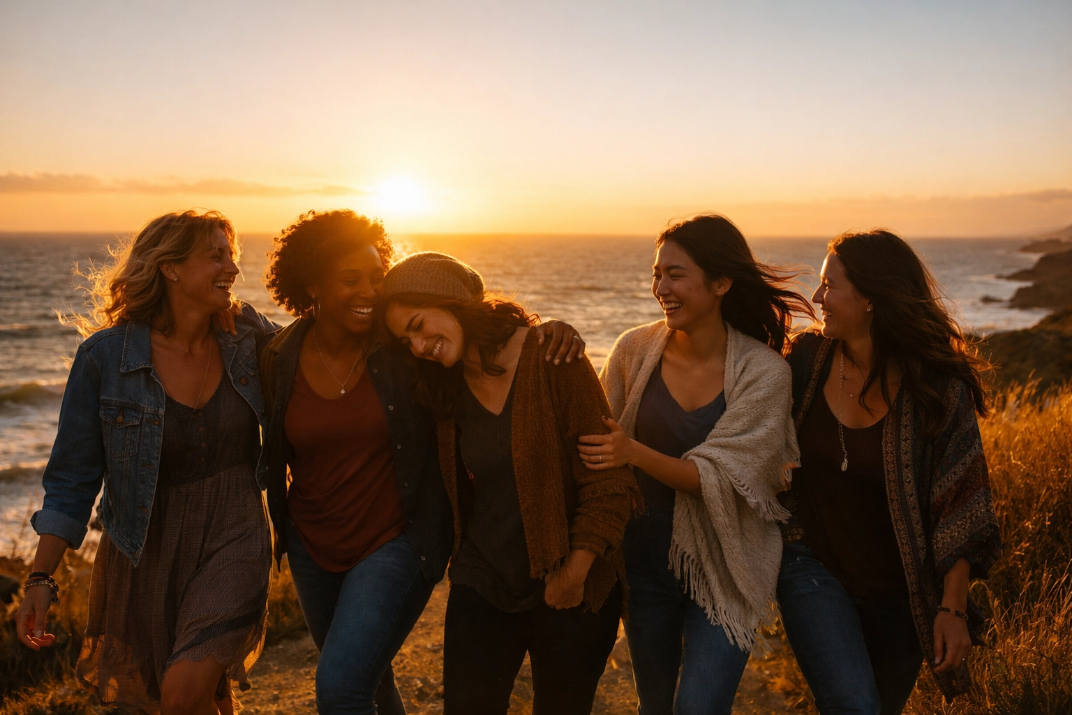 A supportive group of women walking together at sunset, highlighting community and hope in overcoming adversity stories.