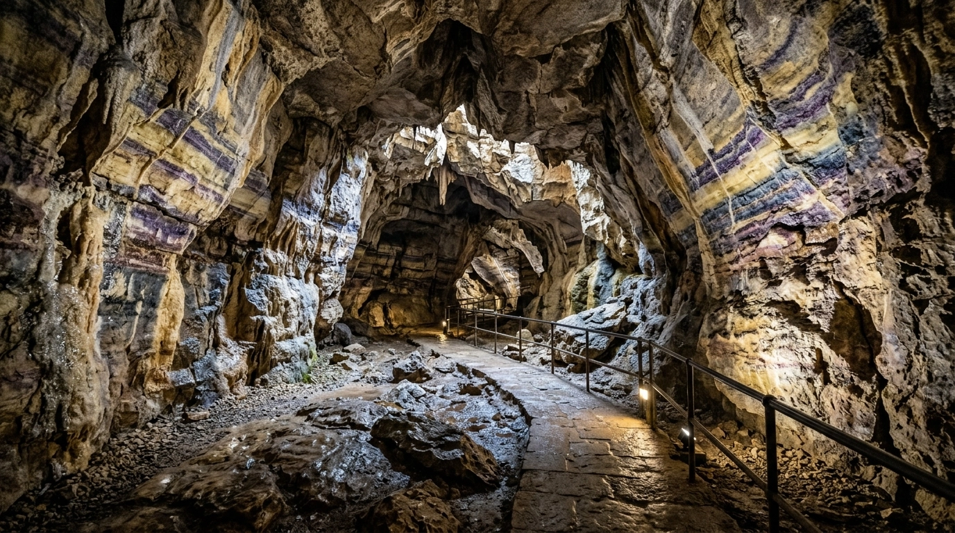 The dramatic interior of a Blue John mine, with colourful mineral veins glowing through the rock walls and no caravan in sight.