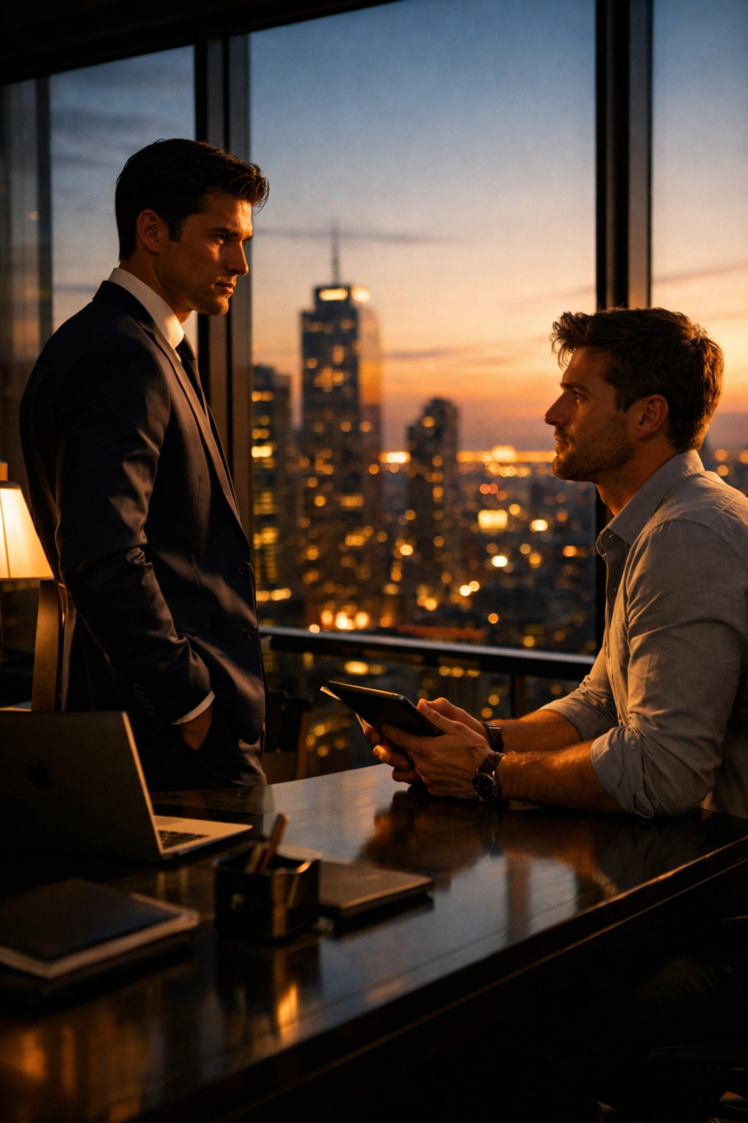 Wealthy tycoon and assistant share intense moment in luxury office - MM romance trope