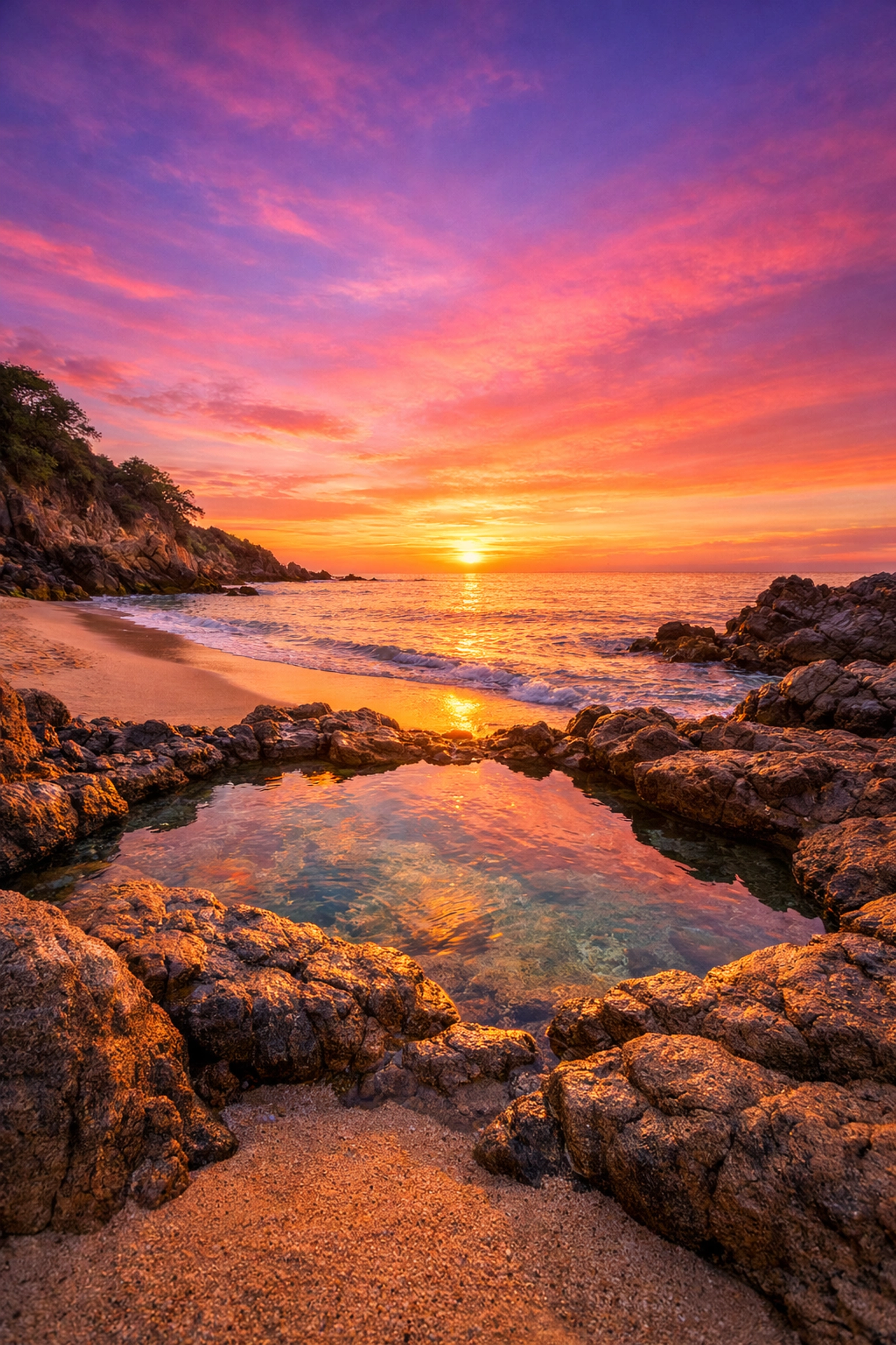 Playa Conchas Chinas beach at sunrise with tide pools and rocky coves in Puerto Vallarta