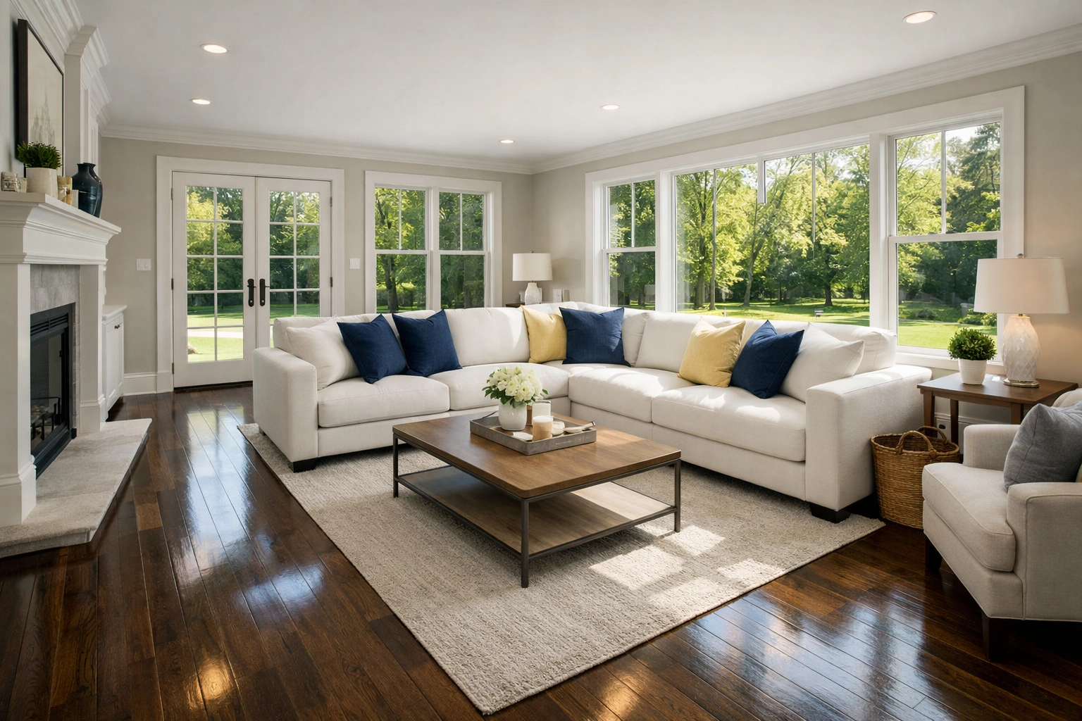 Sun-drenched living room with clean hardwood floors after professional House Cleaning Shirley MA.