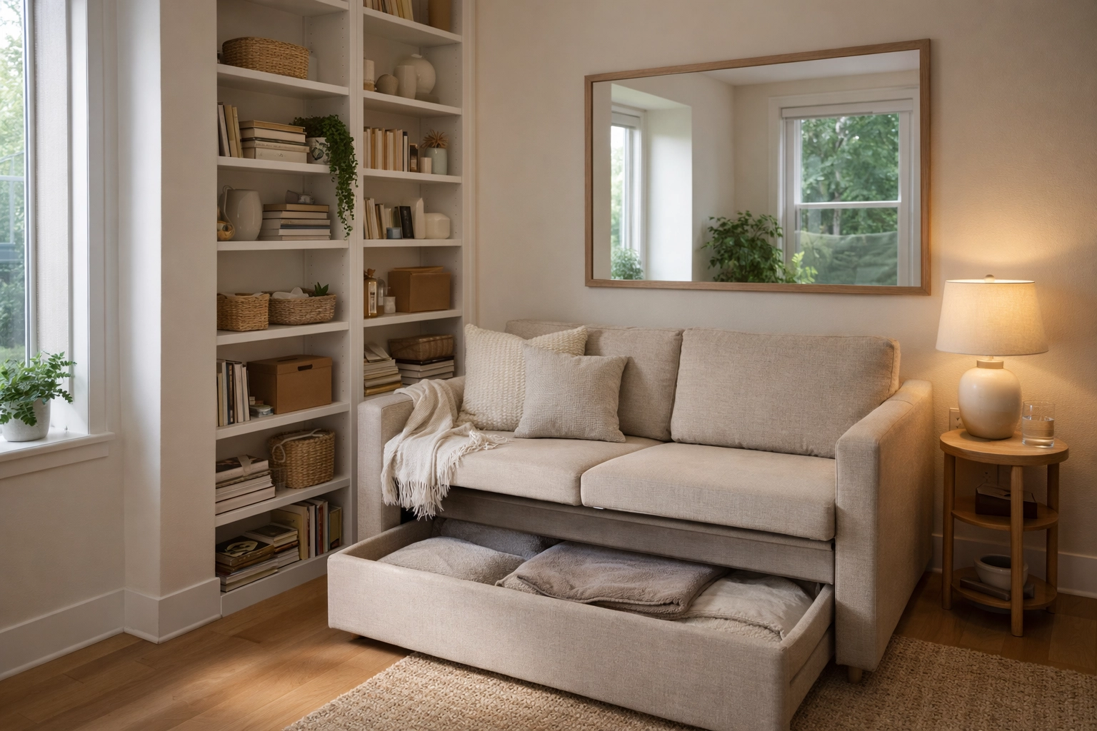 Compact modern Northern Virginia living room with clever vertical storage, mirror, and bright natural light