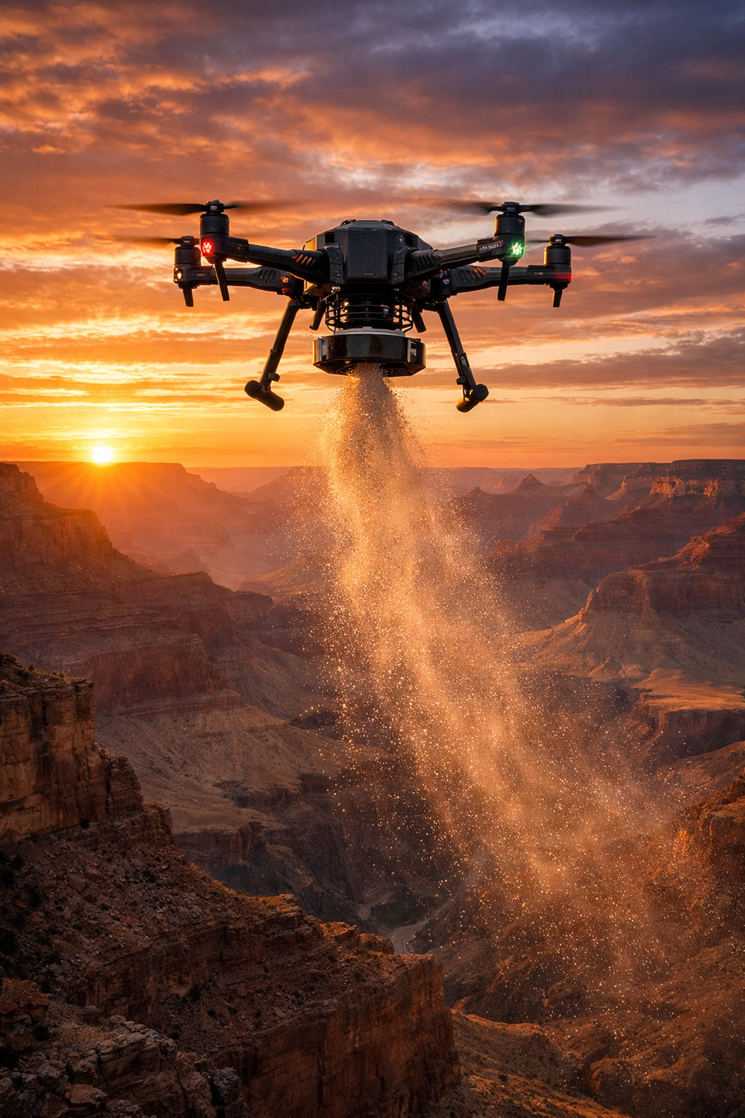 Drone ash scattering over the Grand Canyon at sunset, a dignified aerial ashes scattering ceremony