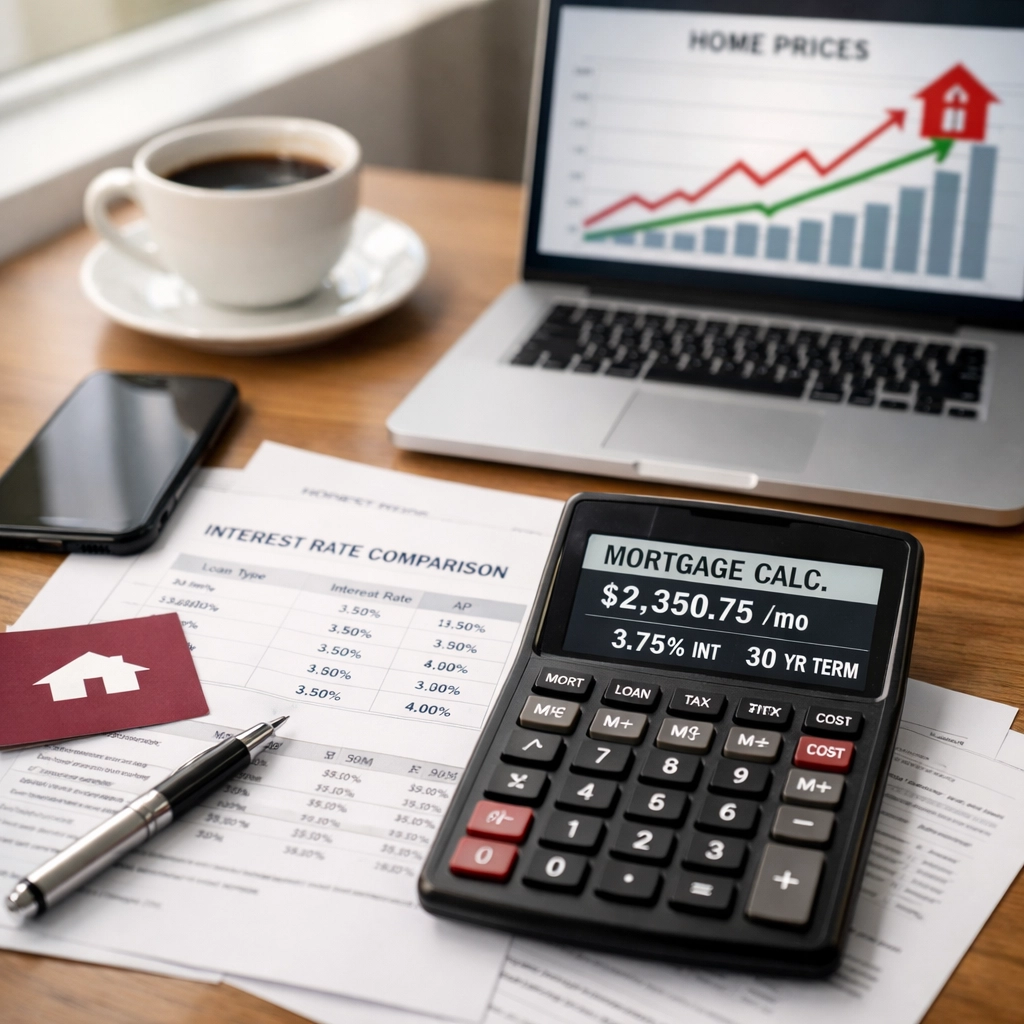 Mortgage calculator and interest rate comparison documents on real estate agent desk