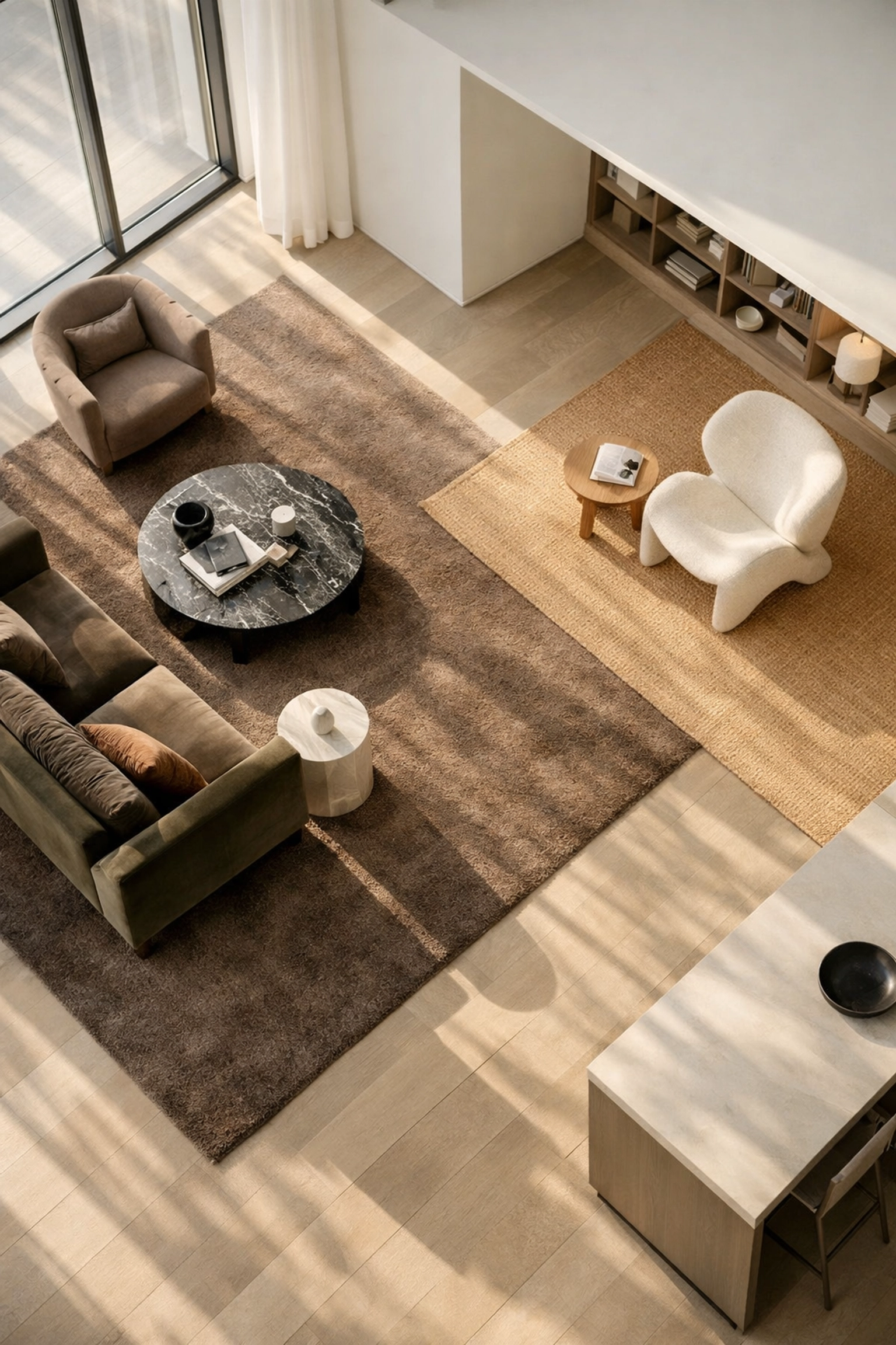 Bespoke carpets defining zones in modern luxury open-plan interior with custom rugs