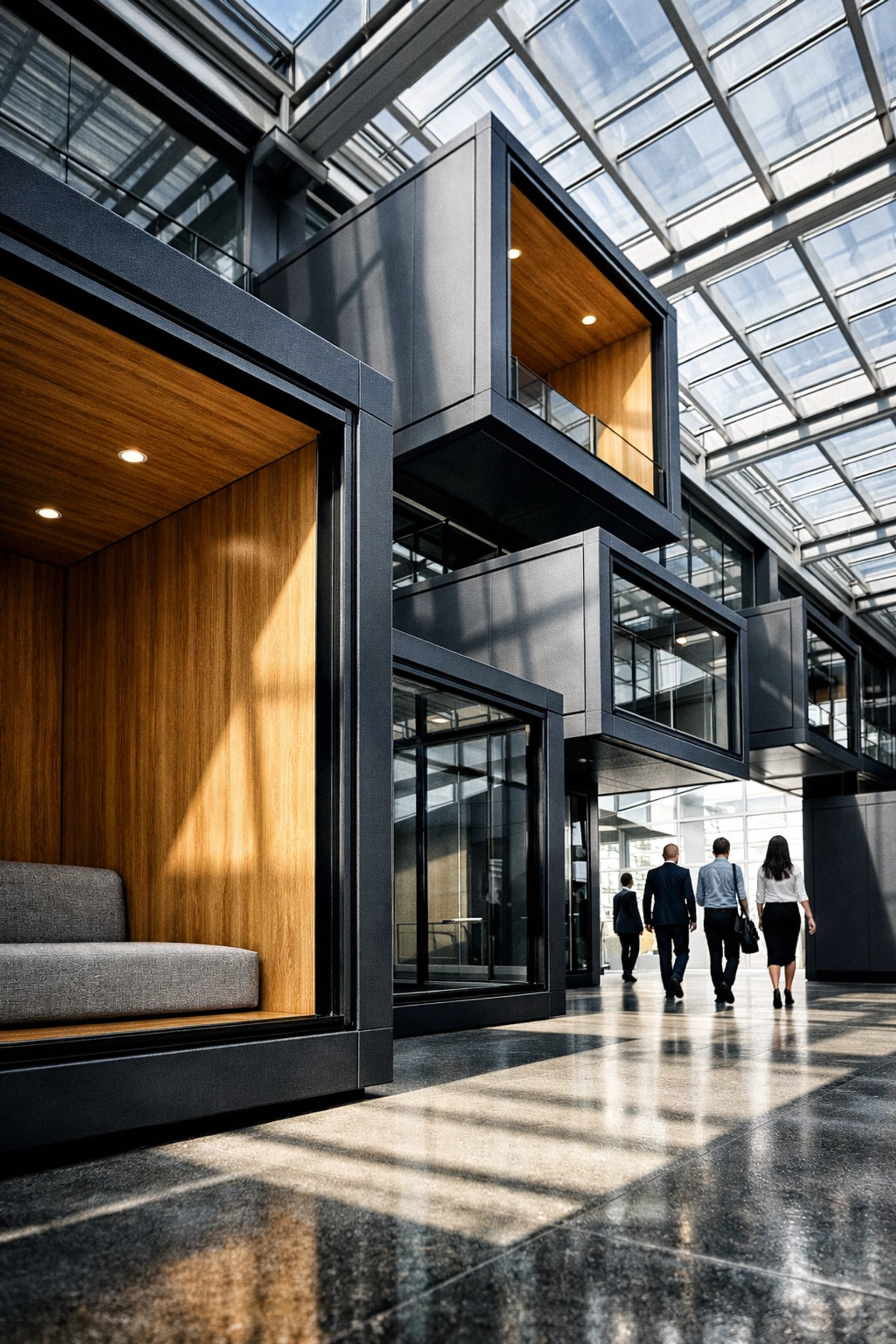 Modular minimalist pods in an open-concept office, illustrating the evolution of physical infrastructure.