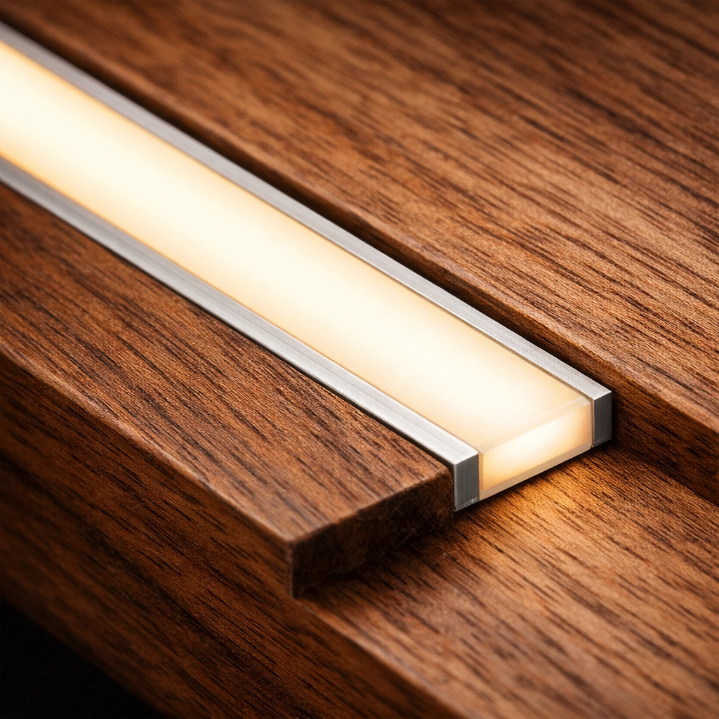 Detailed view of a recessed linear LED channel in custom woodwork with a smooth frosted diffuser.