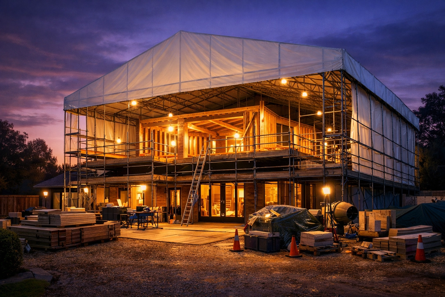 Professional bungalow extension construction in West Sussex featuring top-hat scaffolding and site lighting.