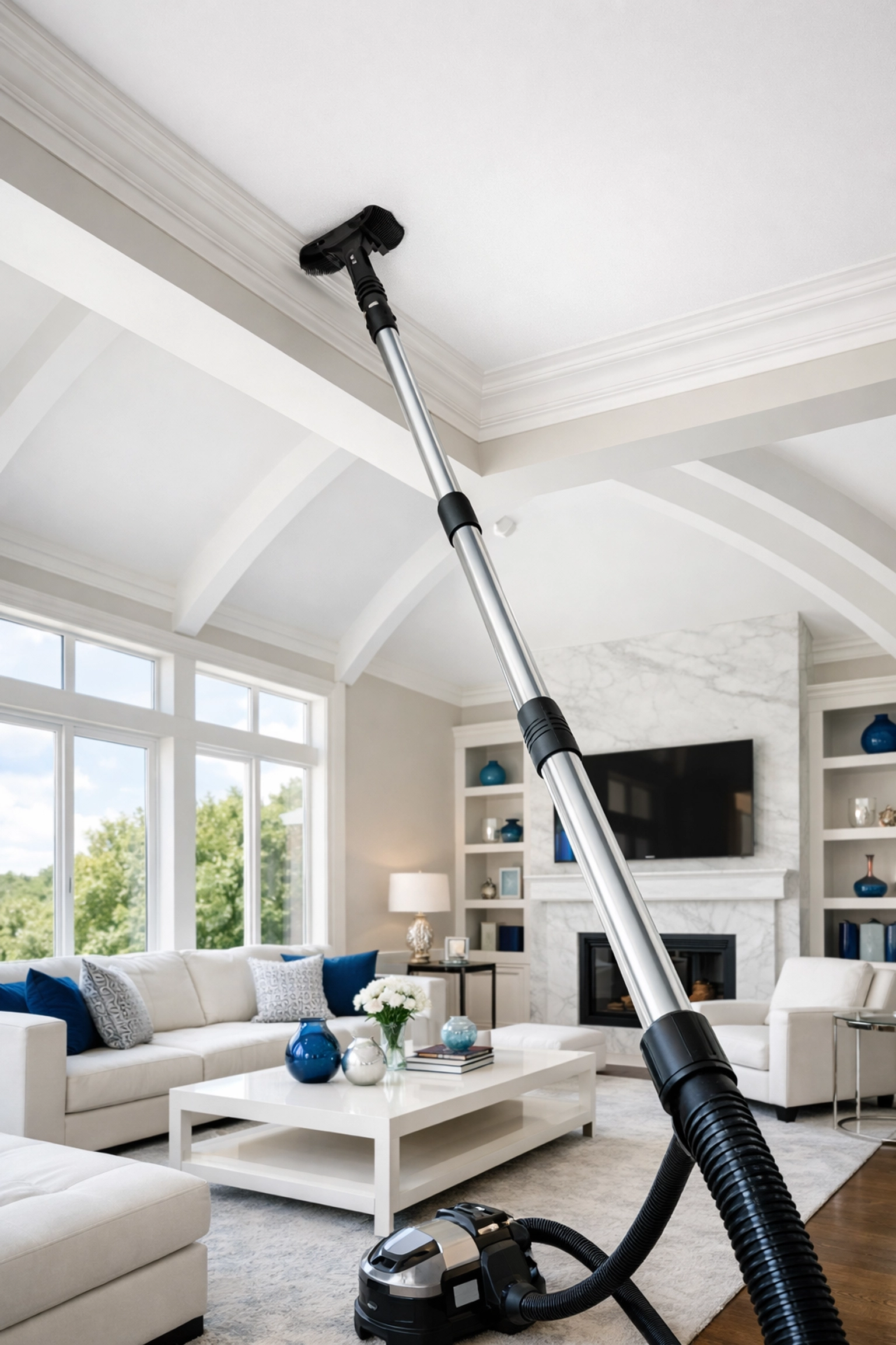 Vacuuming high crown molding in a luxury living room to remove construction plaster dust.