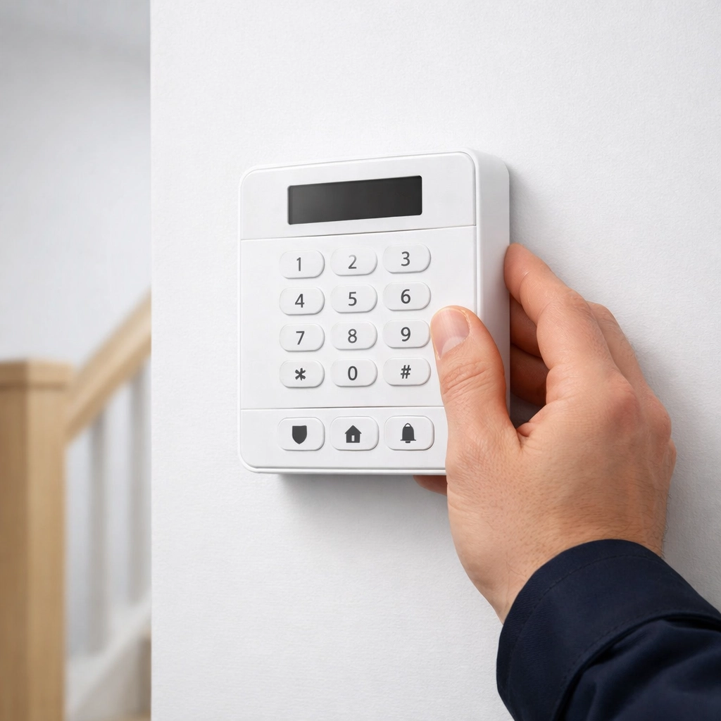 Professional installation of a modern white security alarm keypad in a clean Taunton home interior.