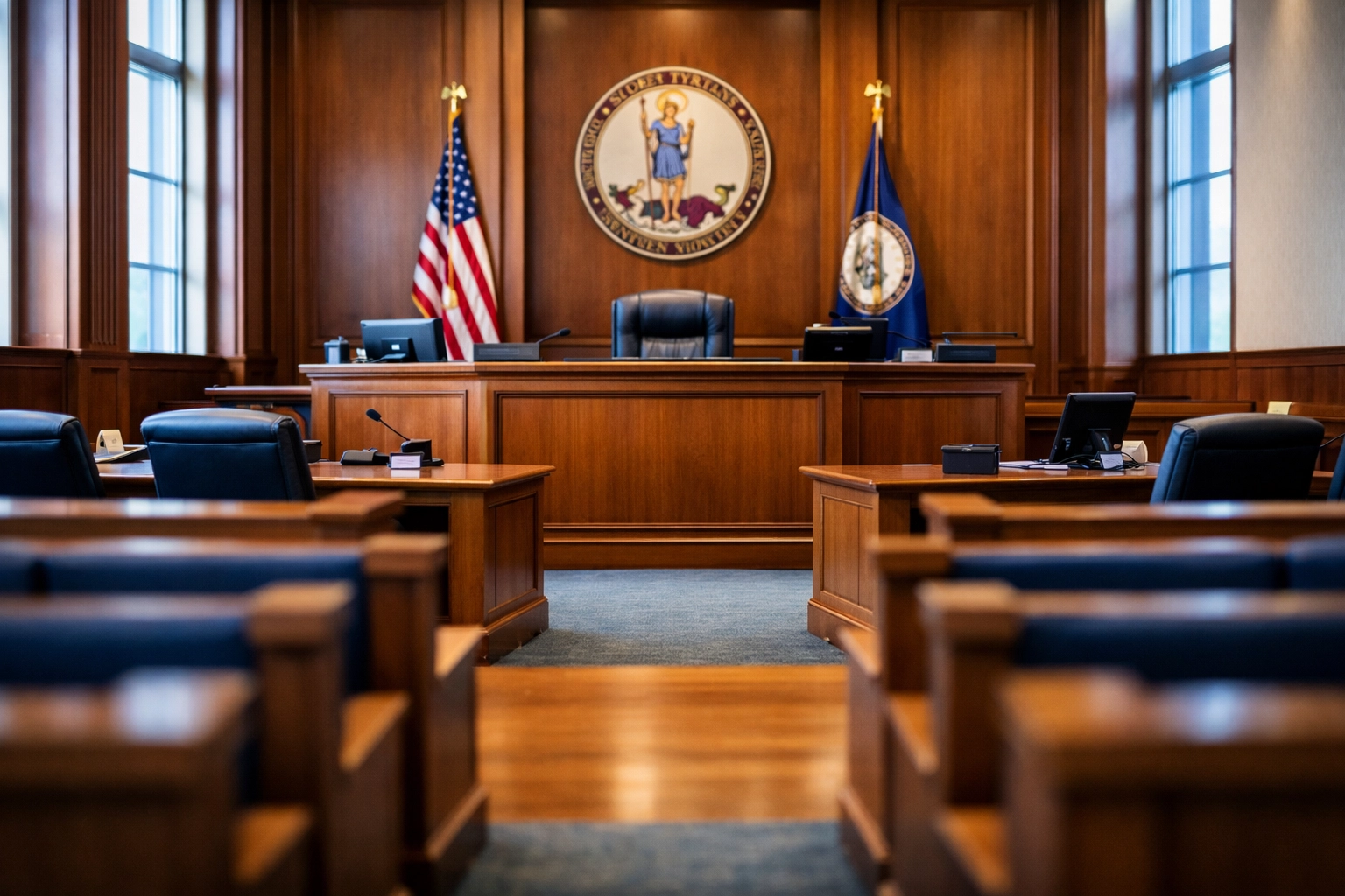 Virginia courtroom interior showing judge's bench where Hampton Roads divorce cases are heard