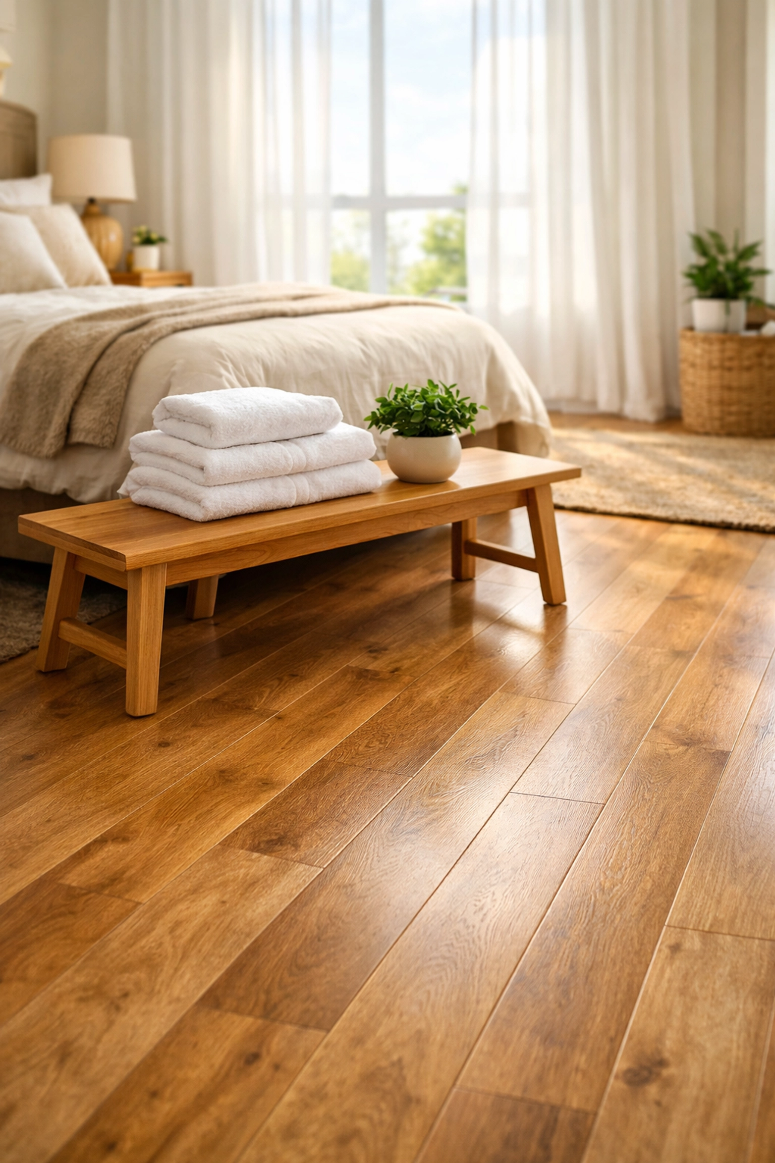 Bright bedroom with warm-toned laminate flooring, perfect for a Saskatoon rental property.