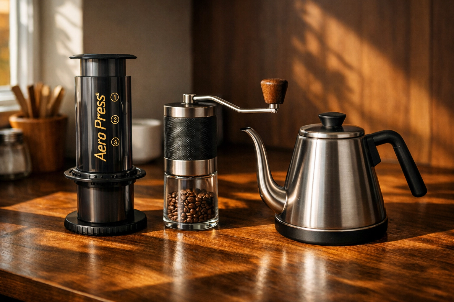Home coffee brewing equipment including AeroPress, grinder, and kettle on kitchen counter