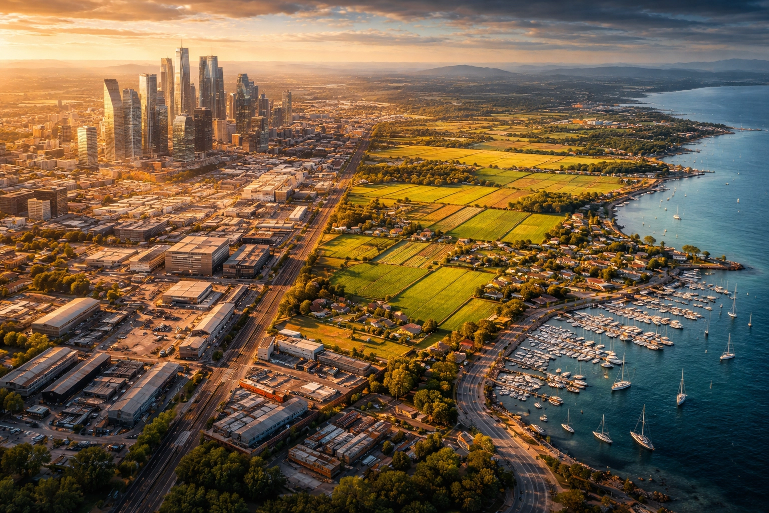Aerial cityscape shifting through business, industrial, agricultural, and marina zones representing diverse investment sectors