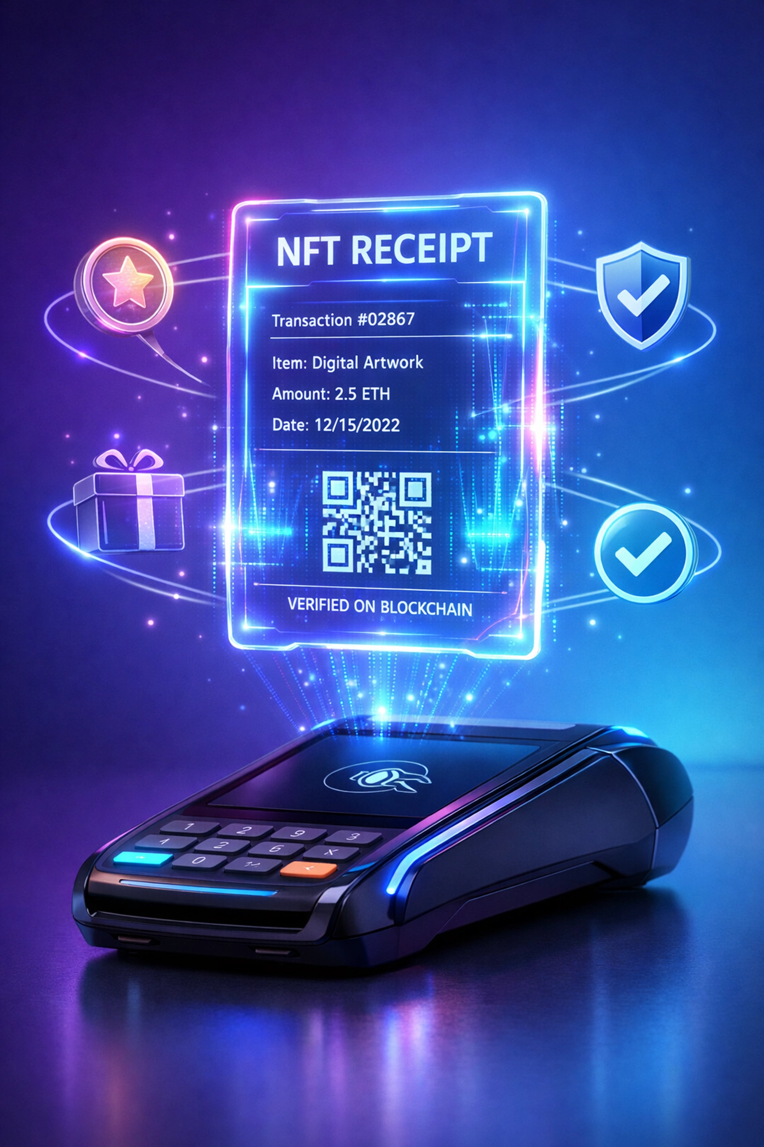 NFT receipt hologram with loyalty rewards floating above crypto POS terminal