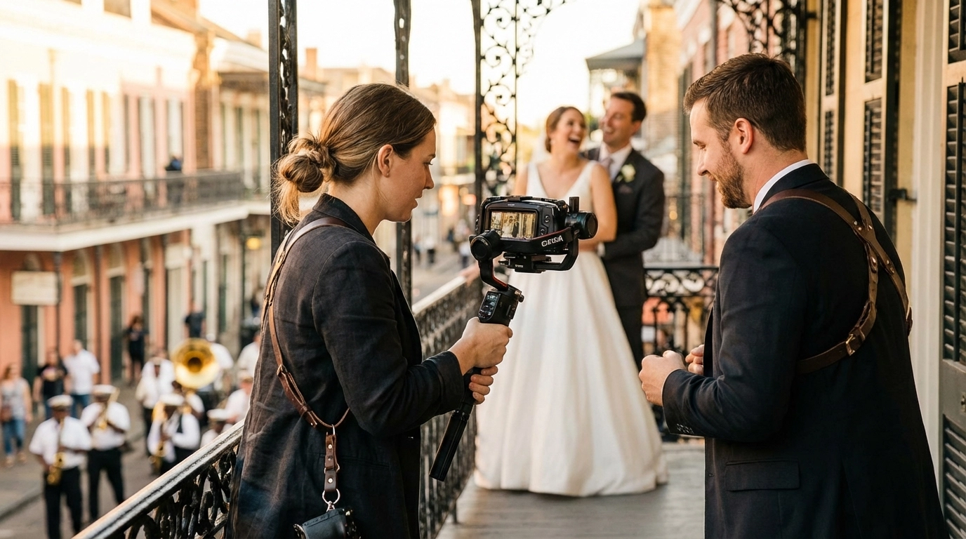 Female videographer with couple in French Quarter