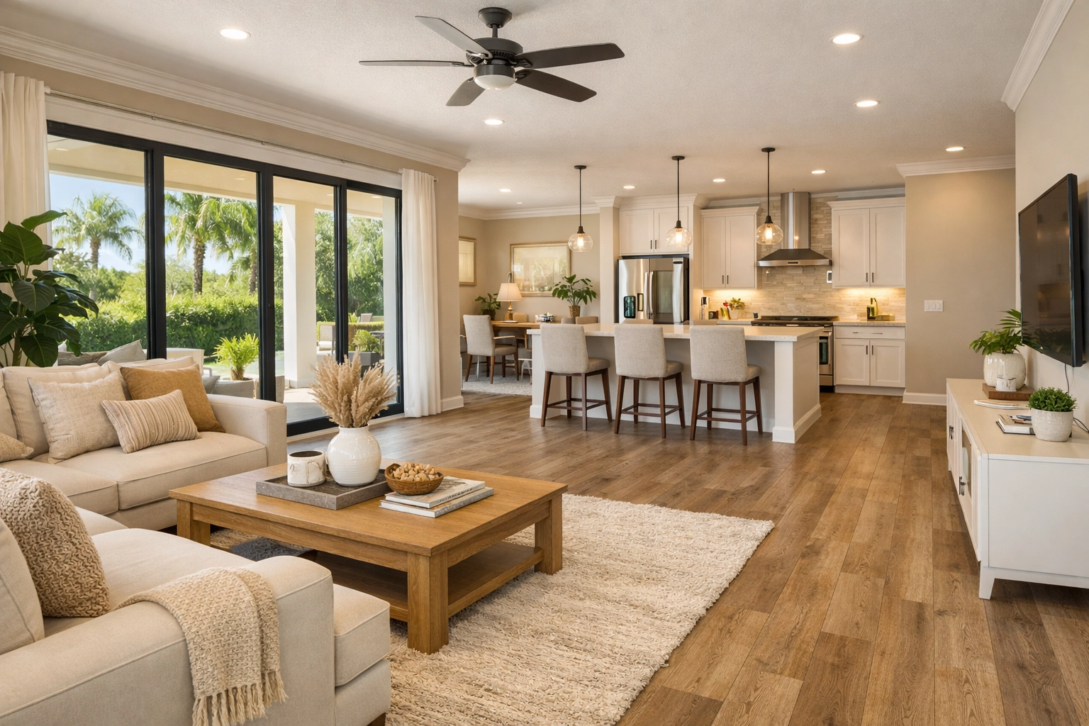 Contemporary open-concept home renovation in Orlando with luxury vinyl plank flooring and natural light.
